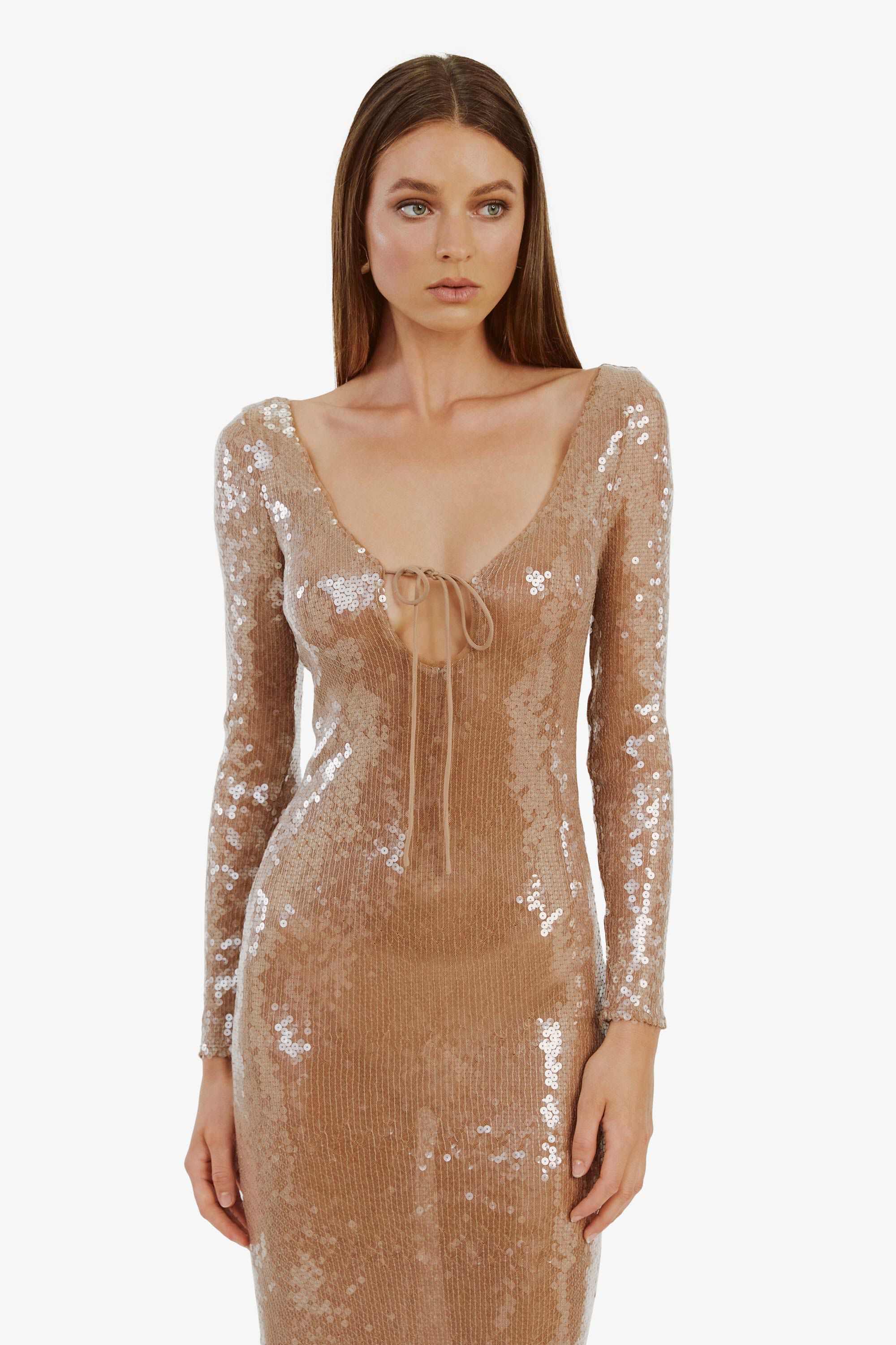 Verona Sequin Maxi Dress In Nude Bardot