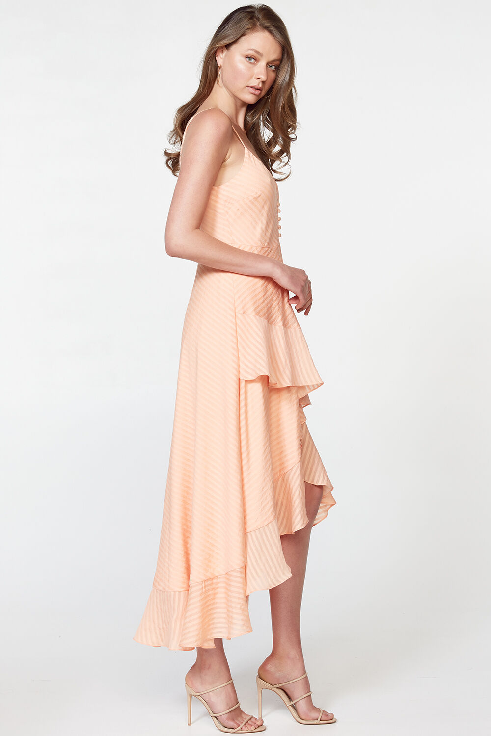 Sara Frill Dress in Peach Strp | Bardot