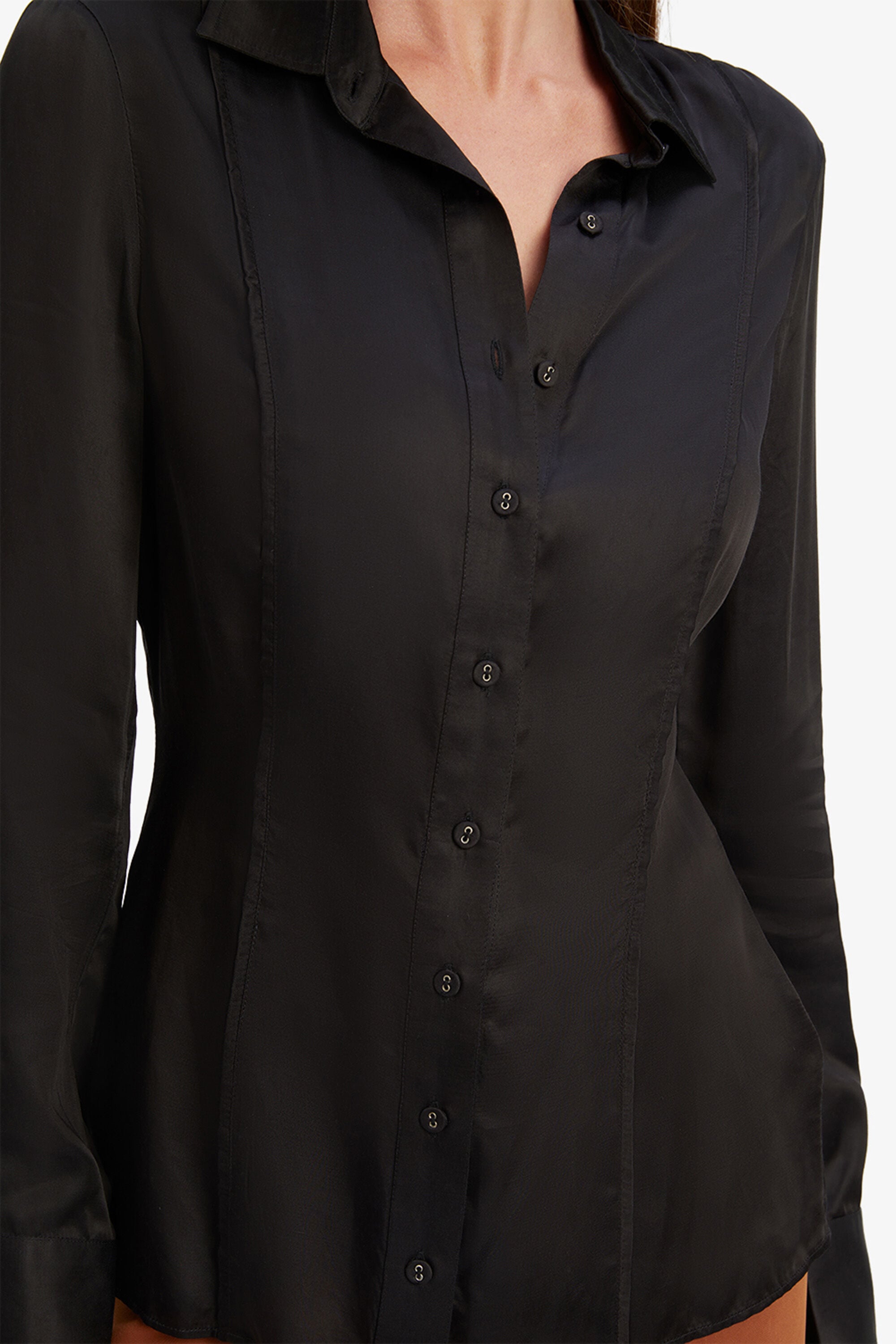 Black Satin Shirt with Pleated Arms Detail And Gold Buttons