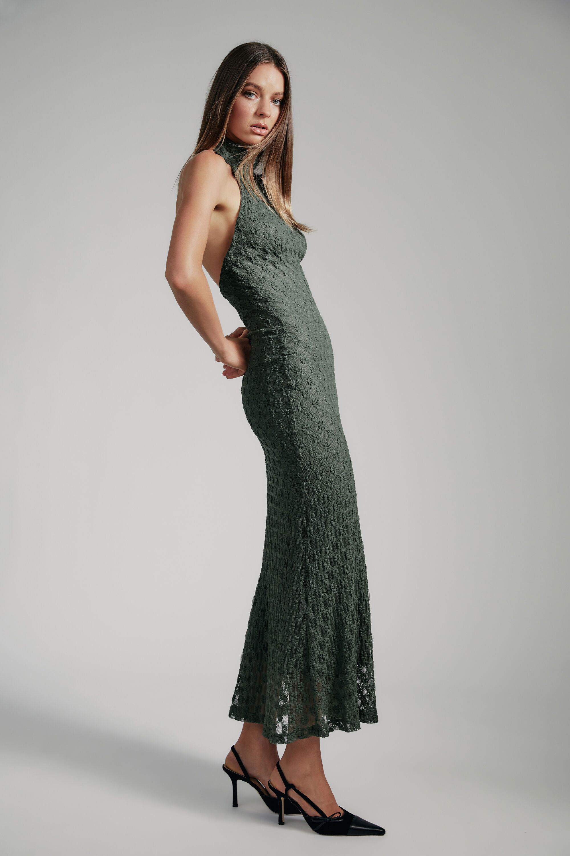 Adoni Ola Lace Maxi Dress In Khaki Bardot