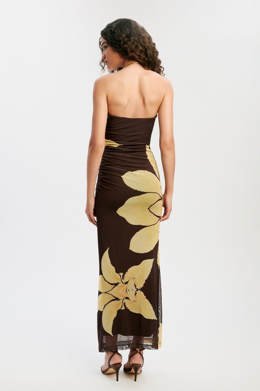 CIERA STRAPLESS MESH DRESS in colour Chocolate Floral
