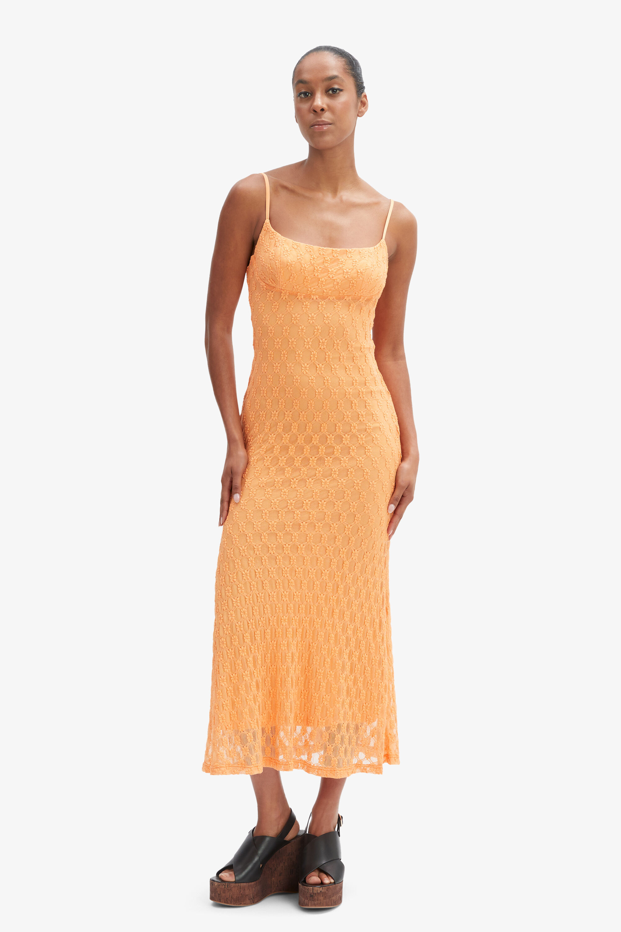 Café Après-midi Orange Adoni Mesh Midi Dress In Ornge Srbt | Bardot