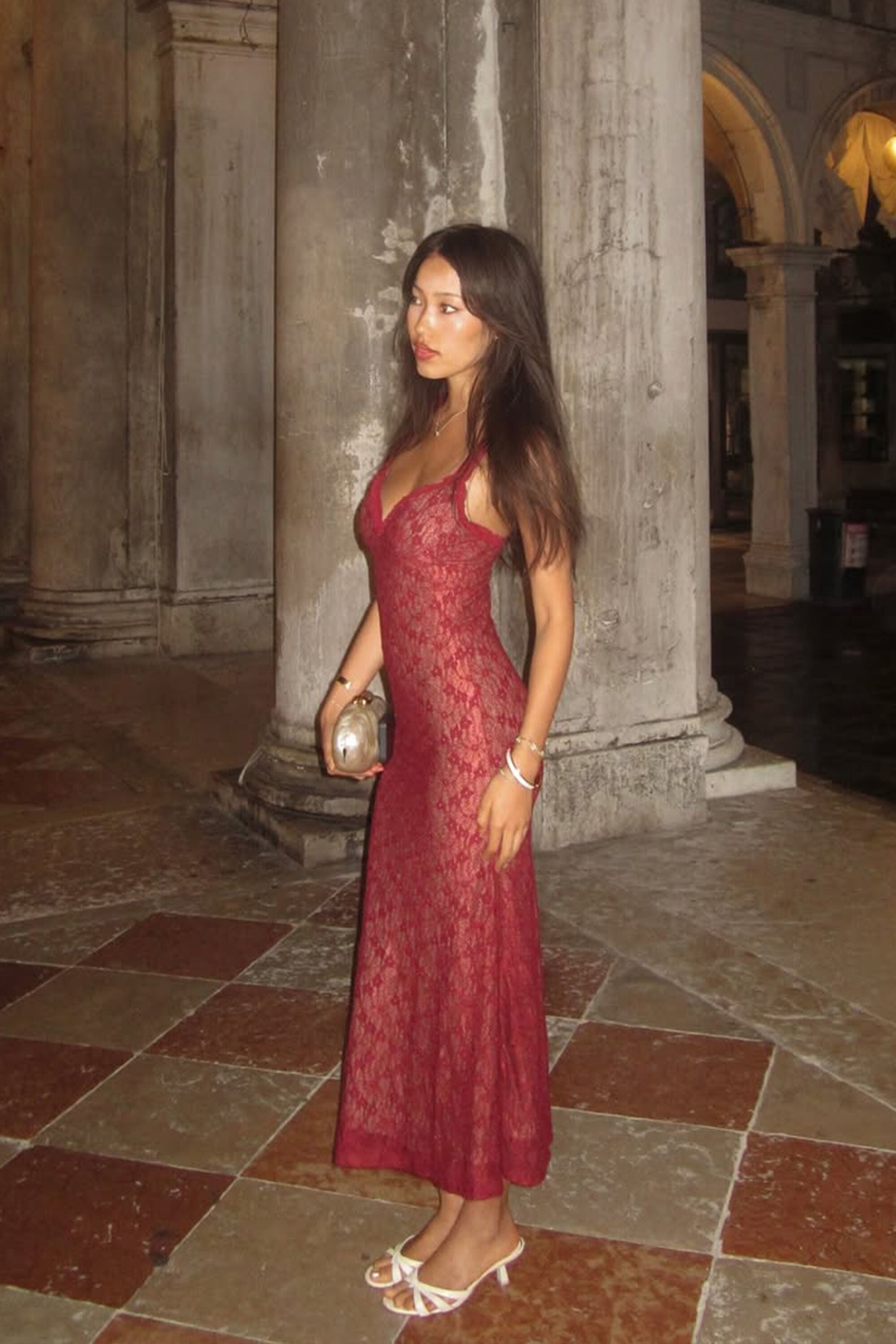 Alegra Stretch Lace Midi Dress In Burgundy | Bardot