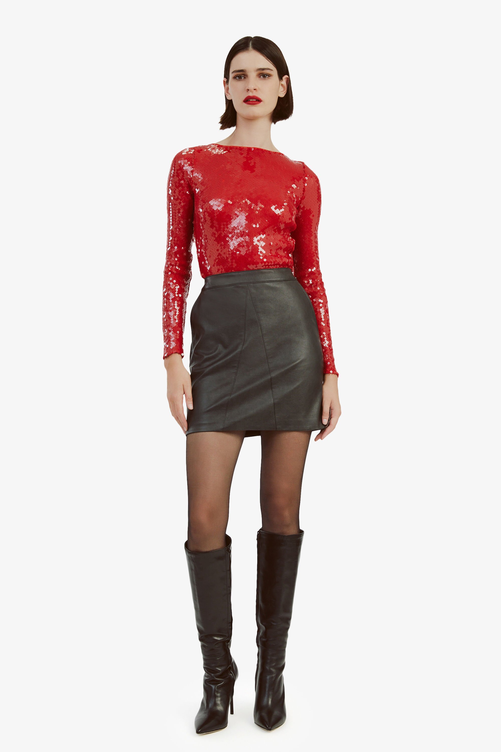 Brenna Sequin Bodysuit In Deep Red Bardot