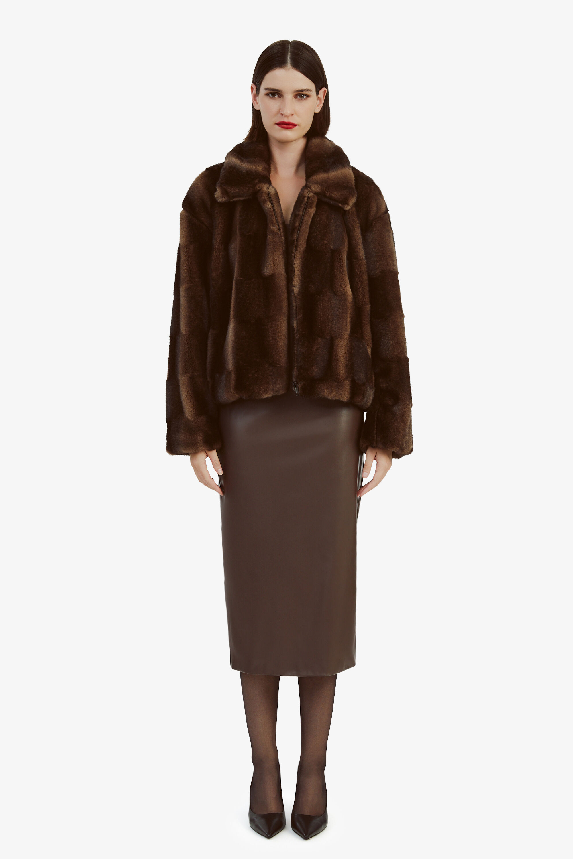 Sylvie Zip Faux Fur Jacket In Dark Chocolate Bardot