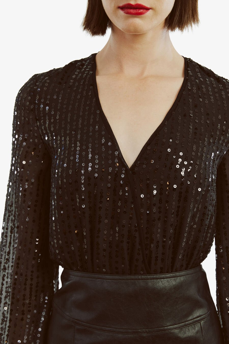 SEQUIN WRAP BODYSUIT in colour BLACK