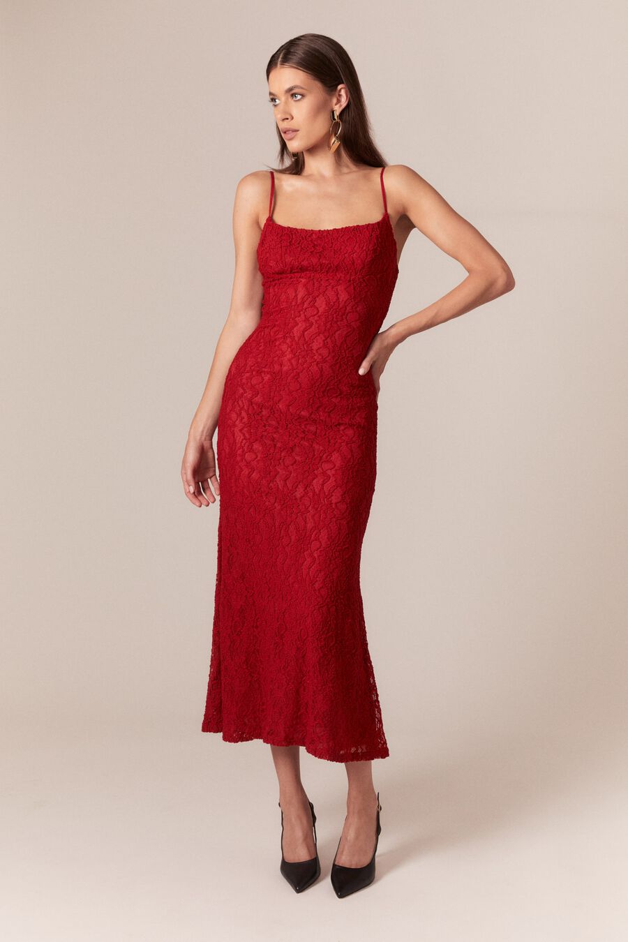 red lace overlay midi dress Rebecca Lace Midi Dress