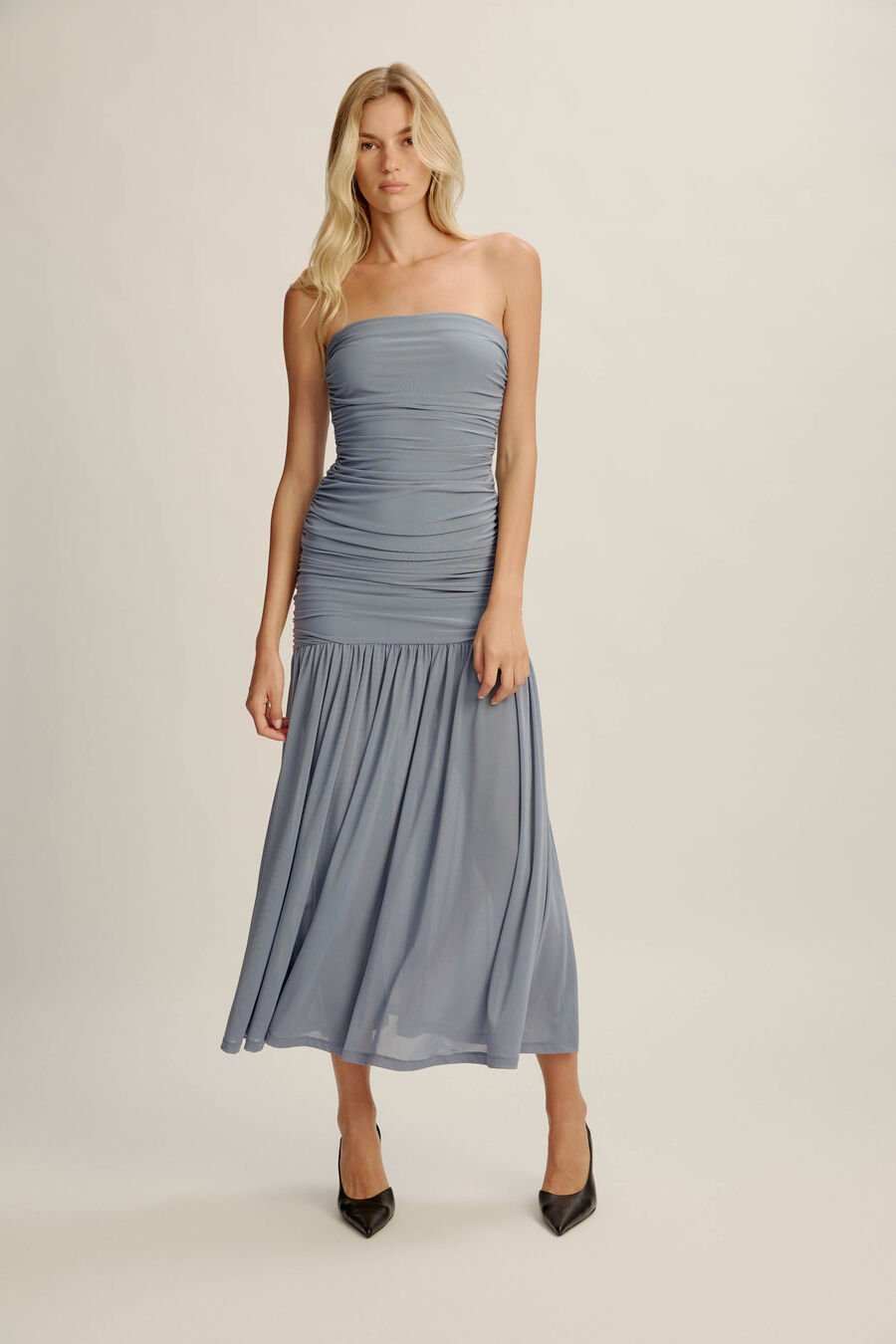 SOLANA MESH MAXI DRESS in colour DUSTYBLUE