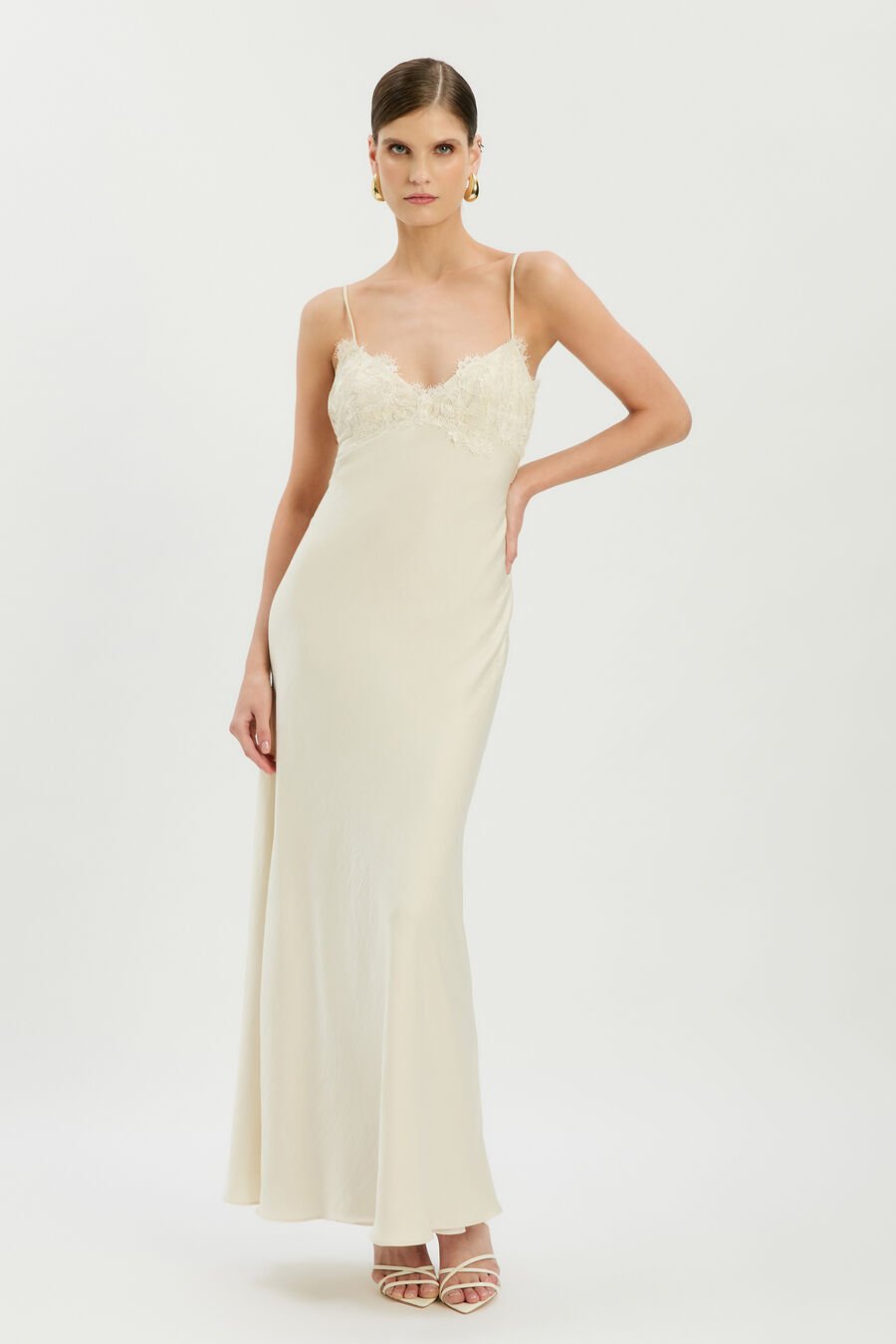 ELISAN LACE SATIN MAXI DRESS in colour Ivory