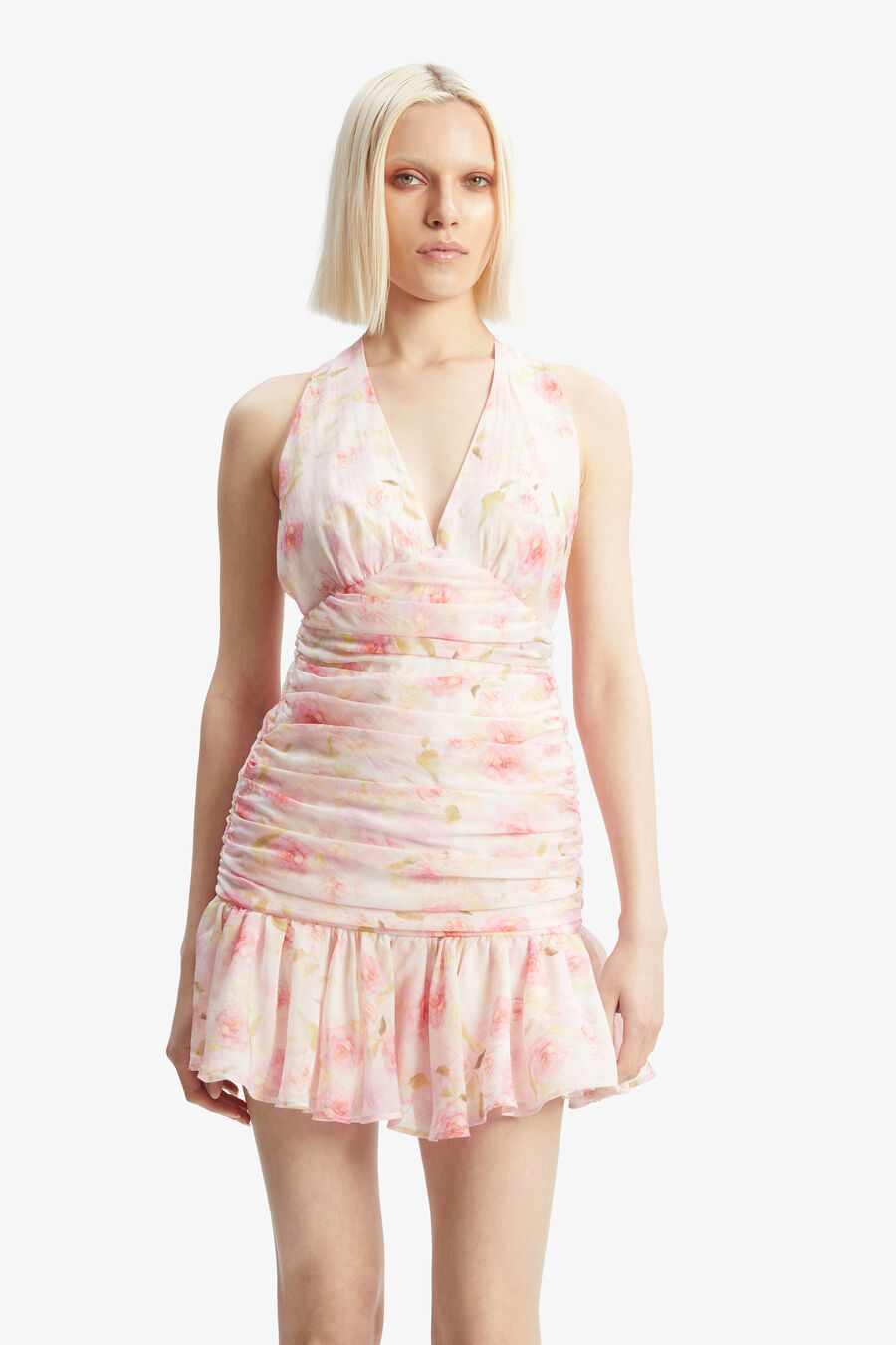 MAVE HALTER NECK MINI DRESS in colour Pink Floral