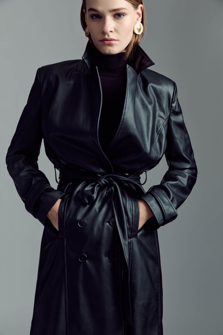 VEGAN LEATHER TRENCH COAT in colour BLACK