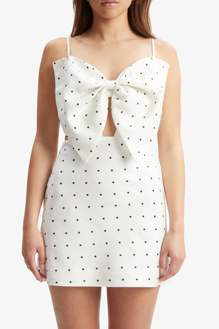 VIEDA LINEN BOW MINI DRESS in colour WHITE SPOT