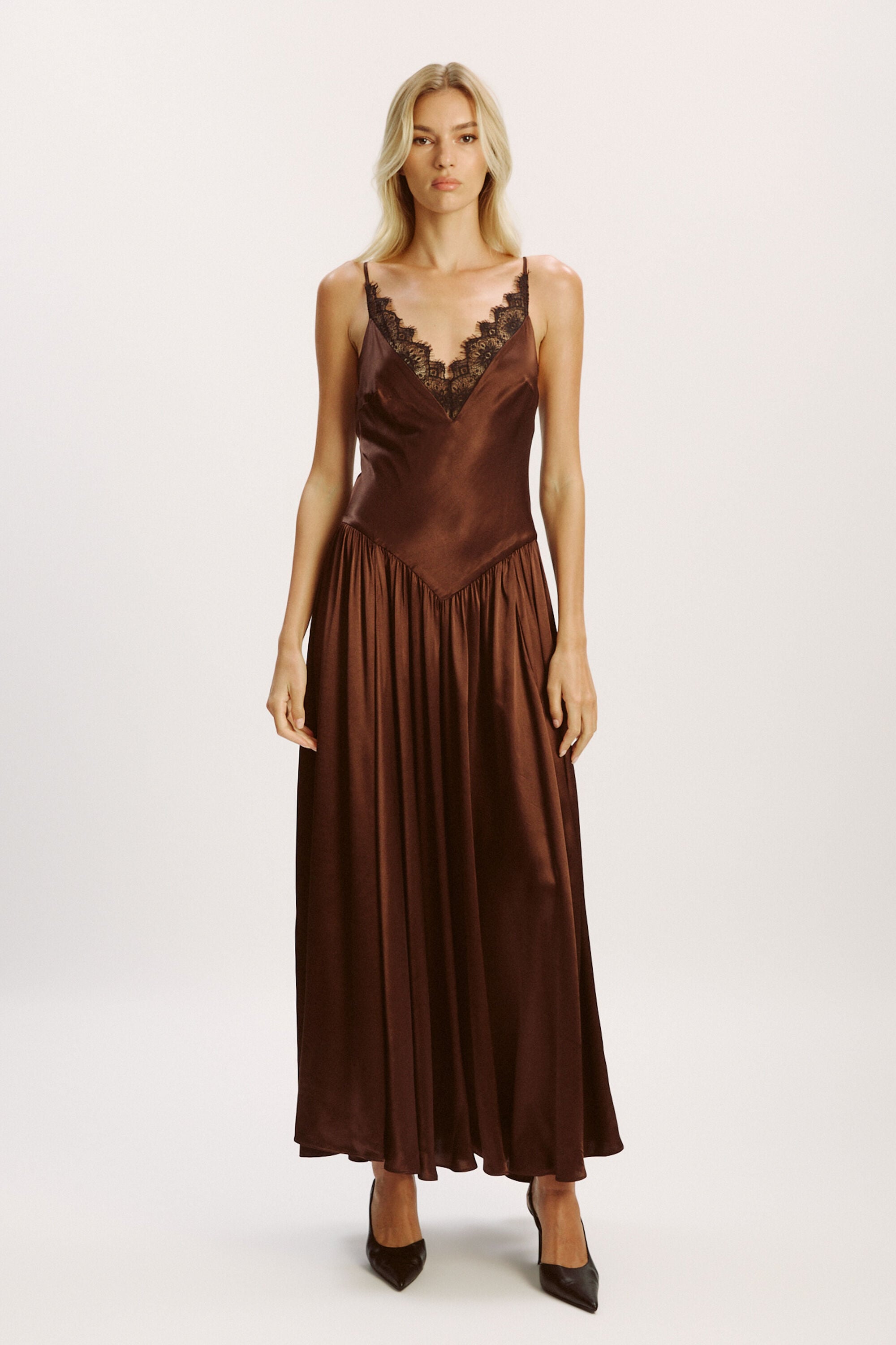 Aderia Lace Detail Maxi Dress In Dark Chocolate | Bardot