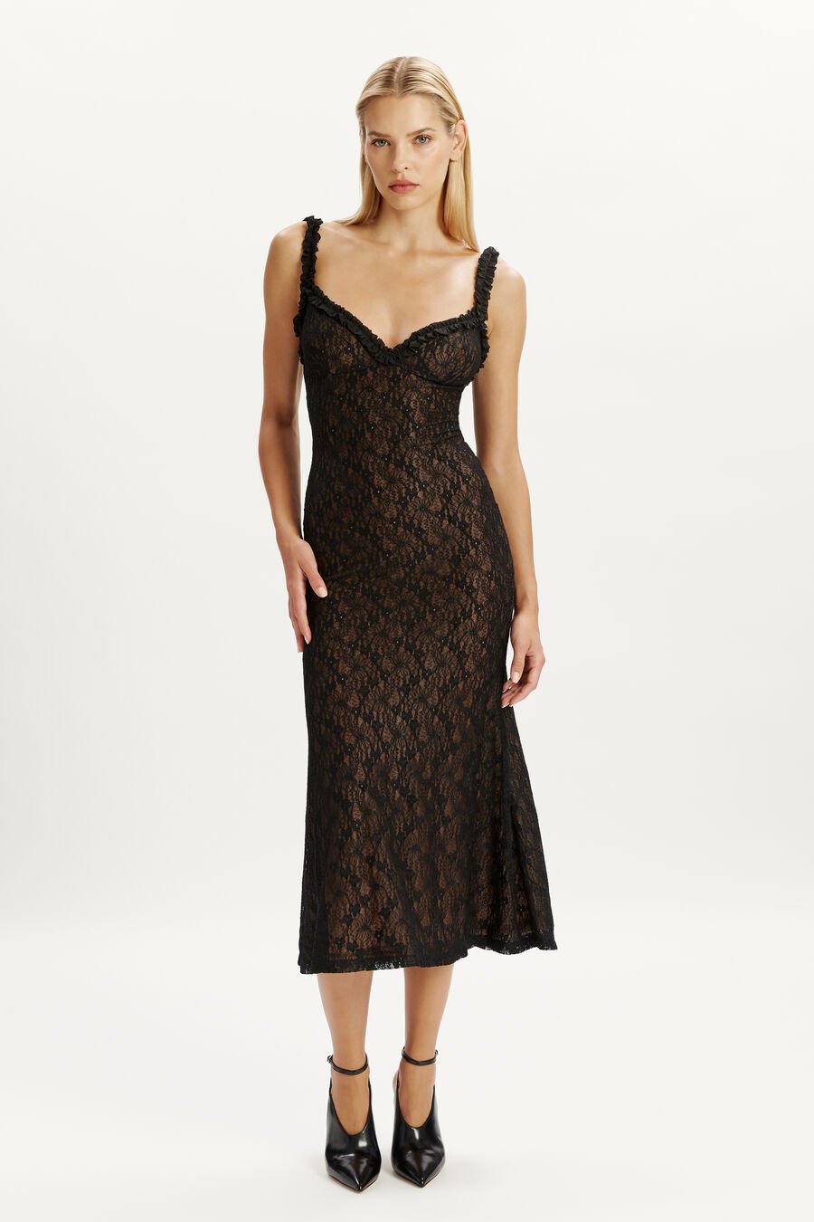 ALEGRA STRETCH LACE MIDI DRESS in colour BLACK