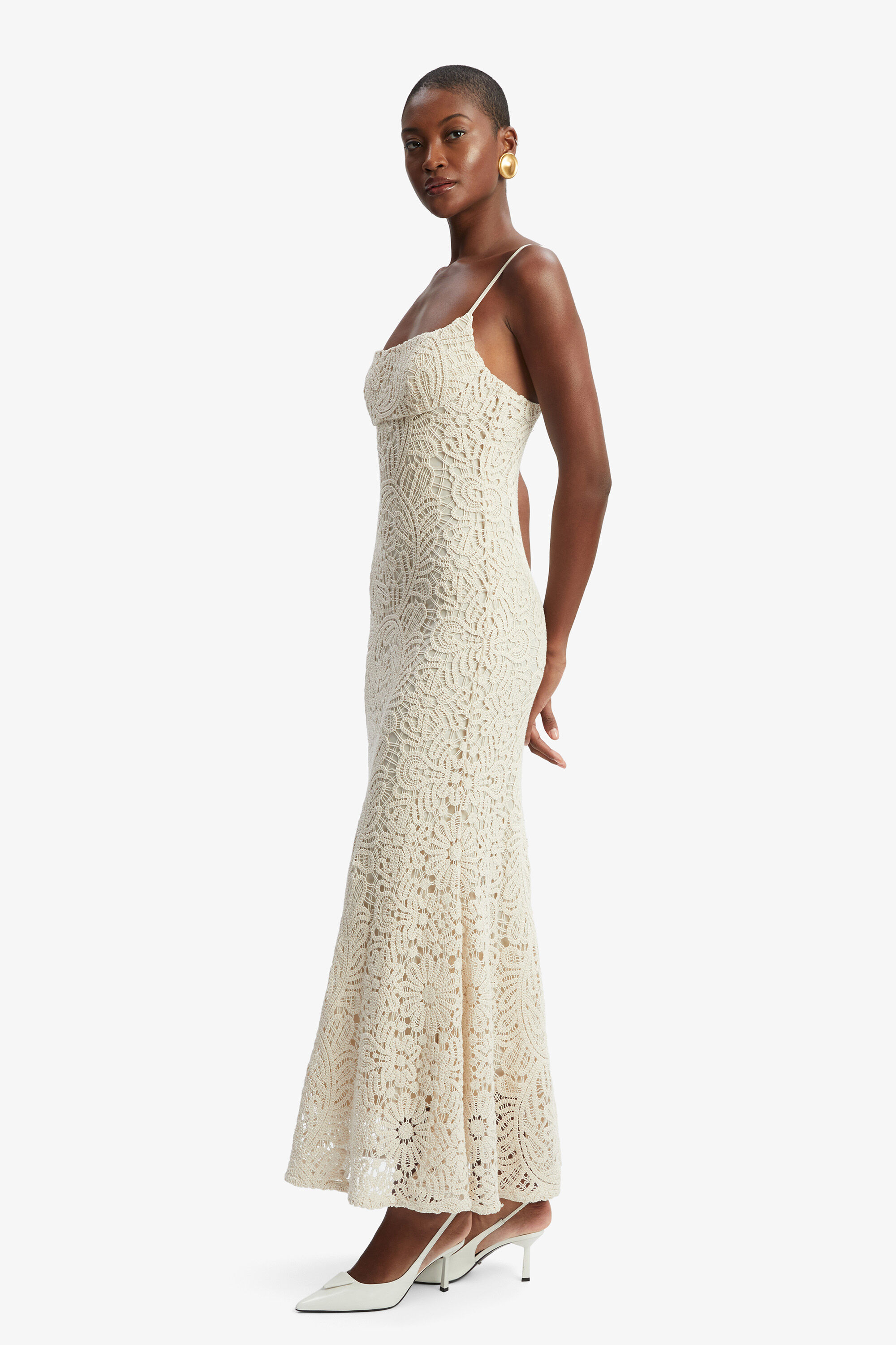 Adoni Crochet Midi Dress In Light Beige | Bardot