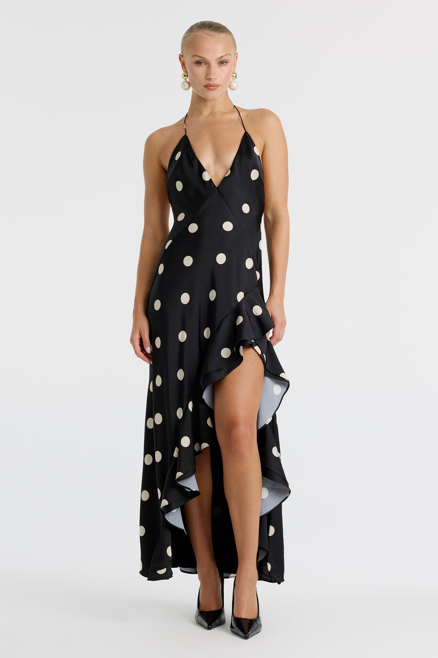 SELENE HALTER MAXI DRESS in colour Black & Ivory