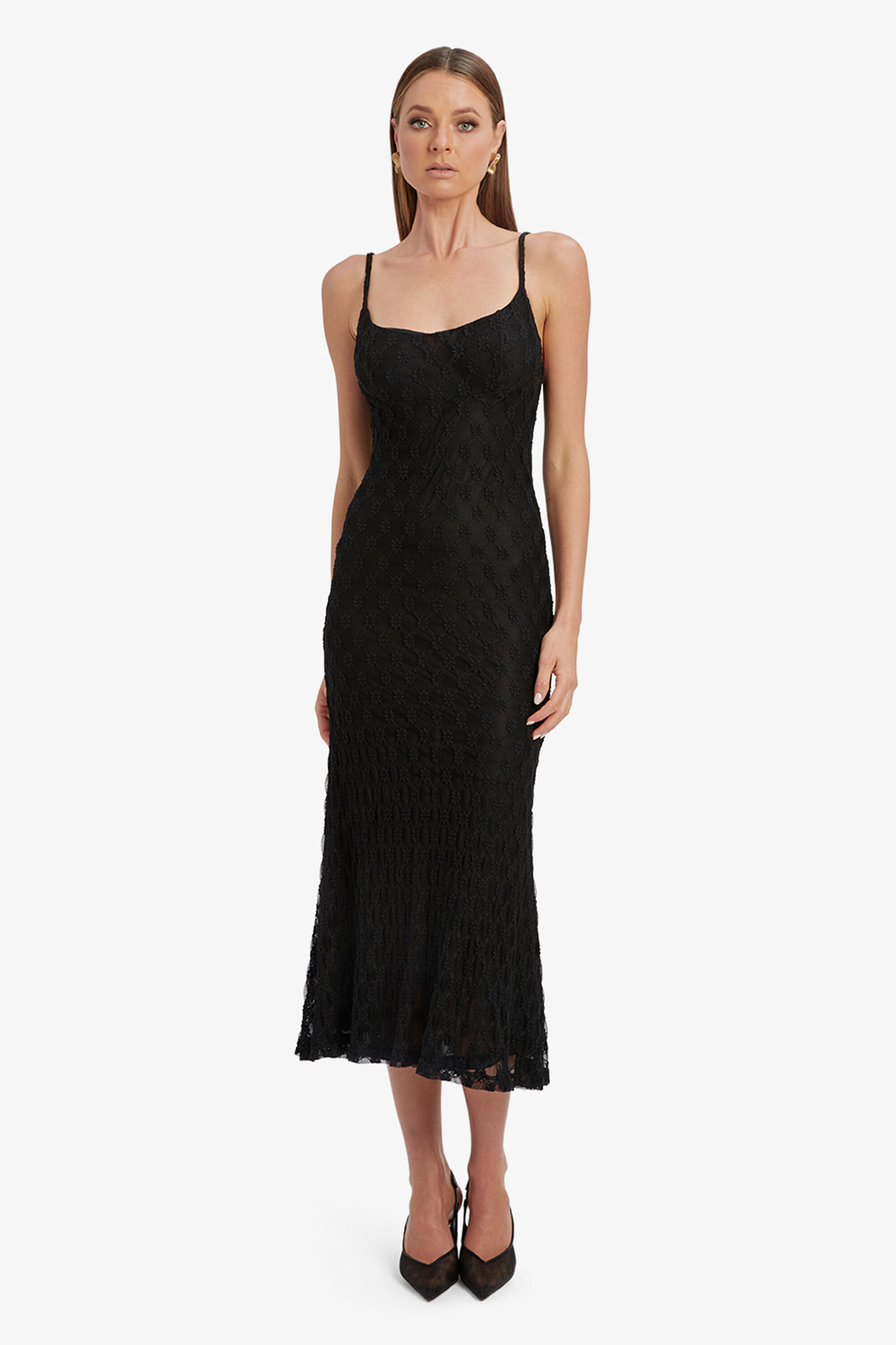 Adana Black Crystal Mesh Midi Dress