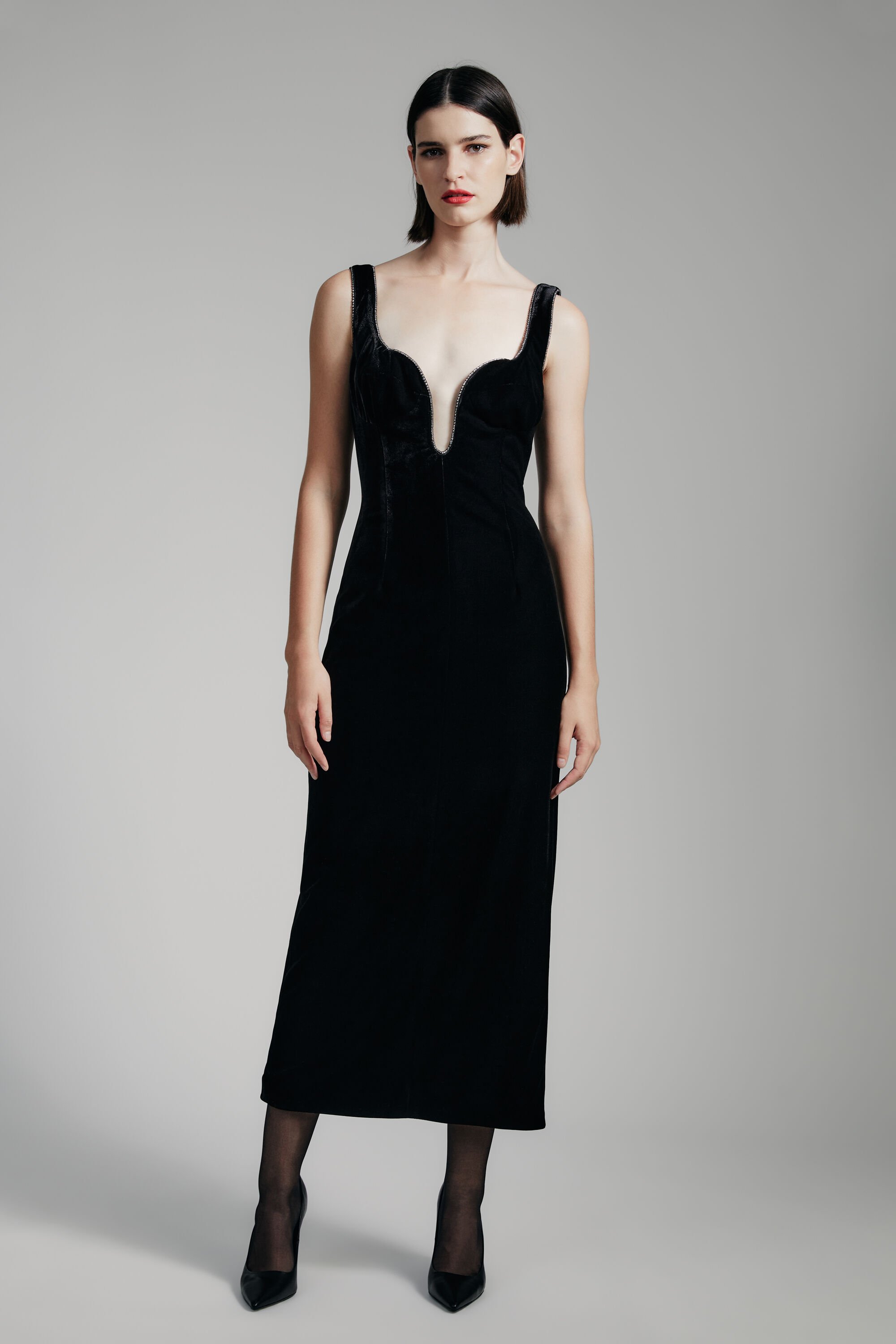 Brooklyn Velour Midi Dress In Black Bardot
