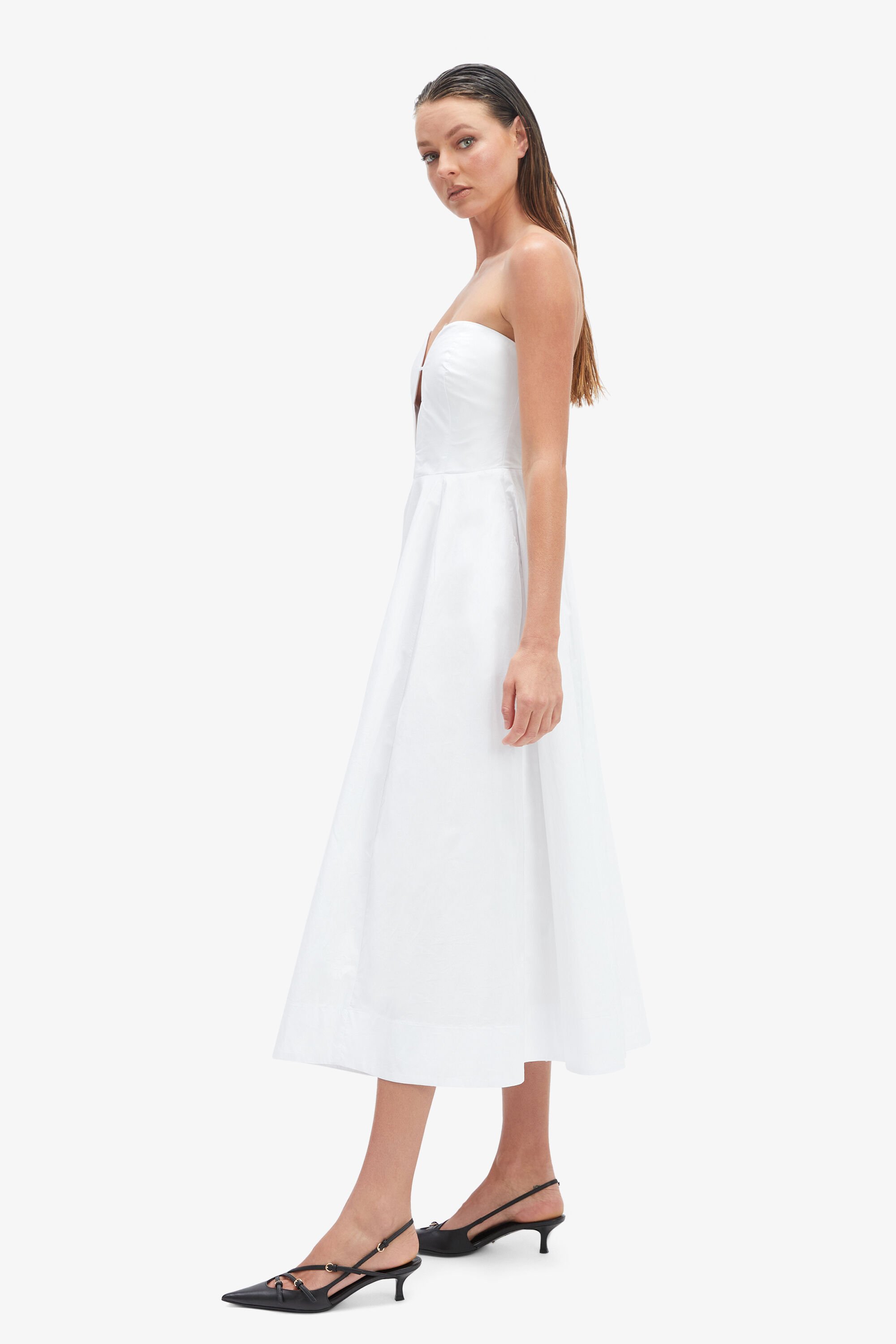 Opal Volume Poplin Midi Dress In Orchid White | Bardot