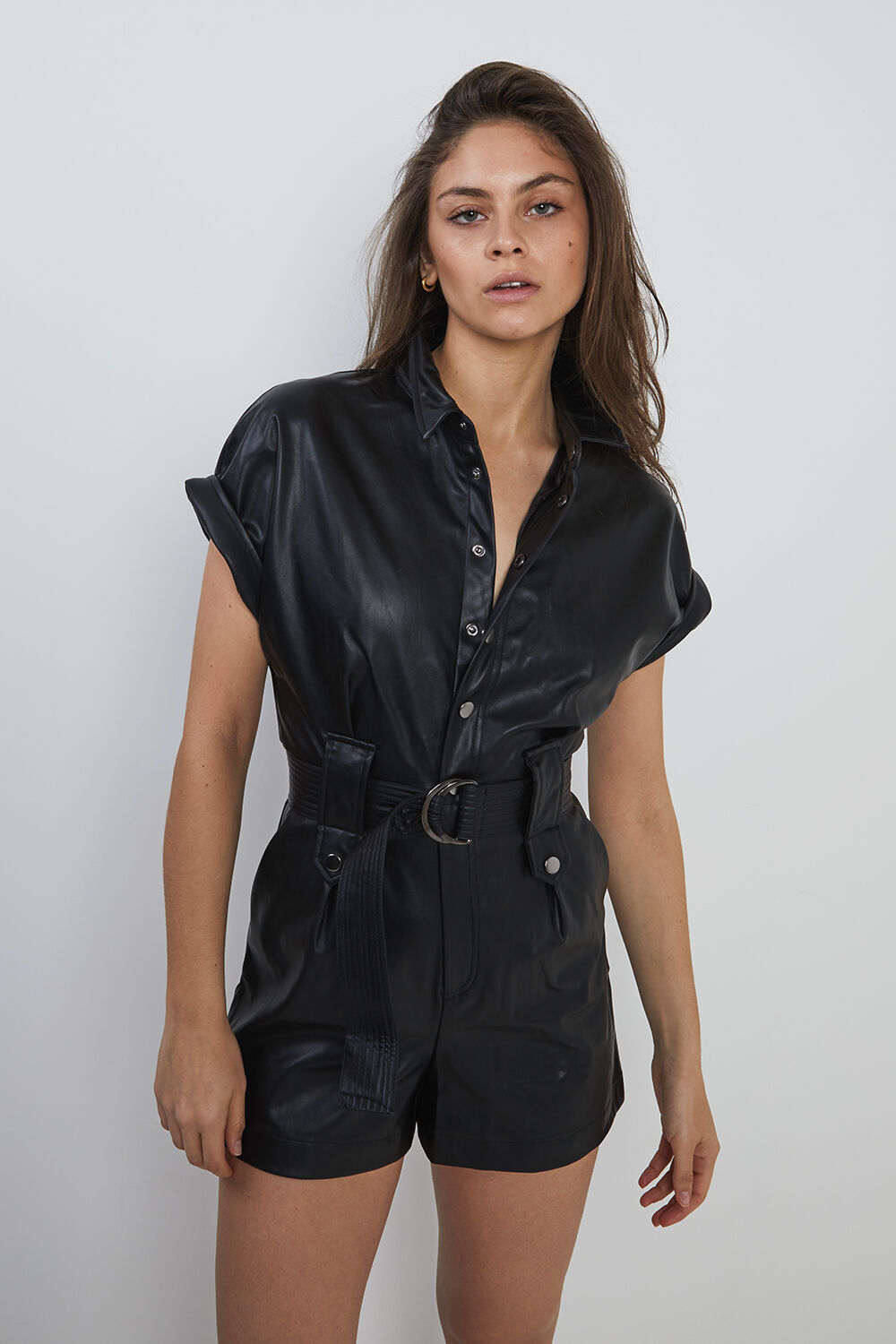 BELTED VEGAN LEATHER PLAYSUIT