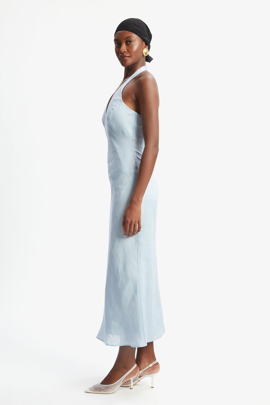 PAOLA HALTER LINEN MIDI DRESS in colour SOFT BLUE