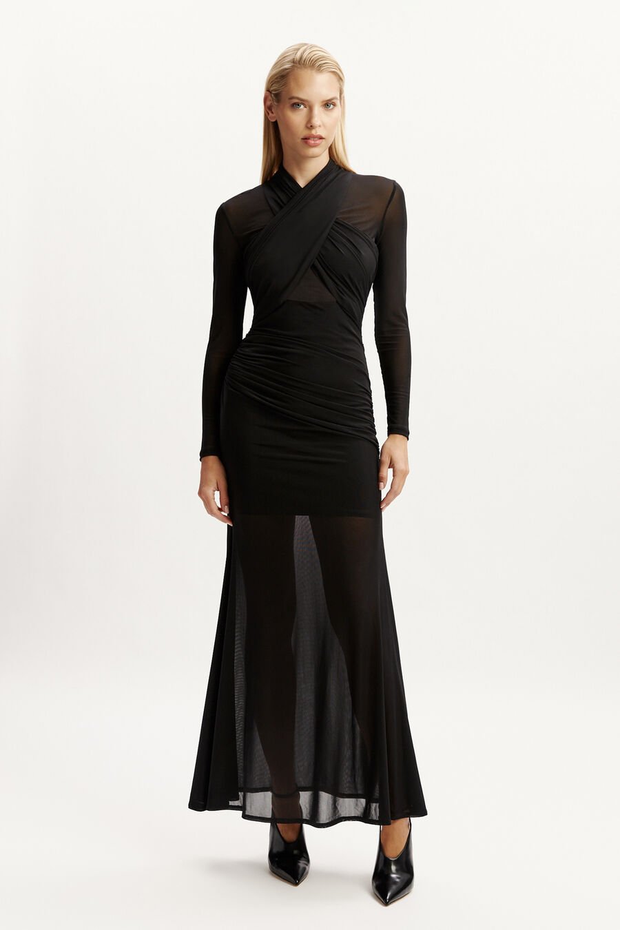 MARICE WRAP MESH MAXI DRESS in colour BLACK