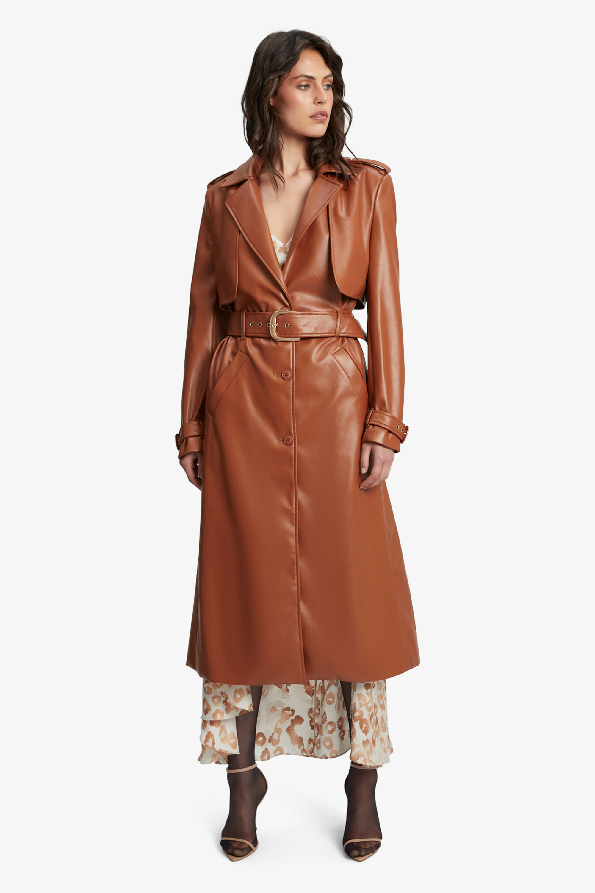 Tan faux 2025 leather trench coat