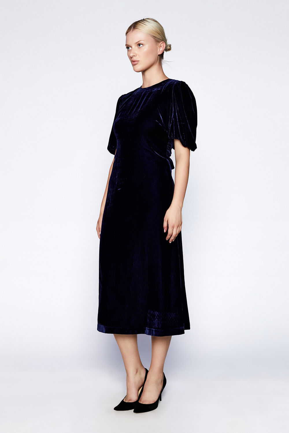 TENACITY VELOUR MIDI DRESS in colour BLACK IRIS