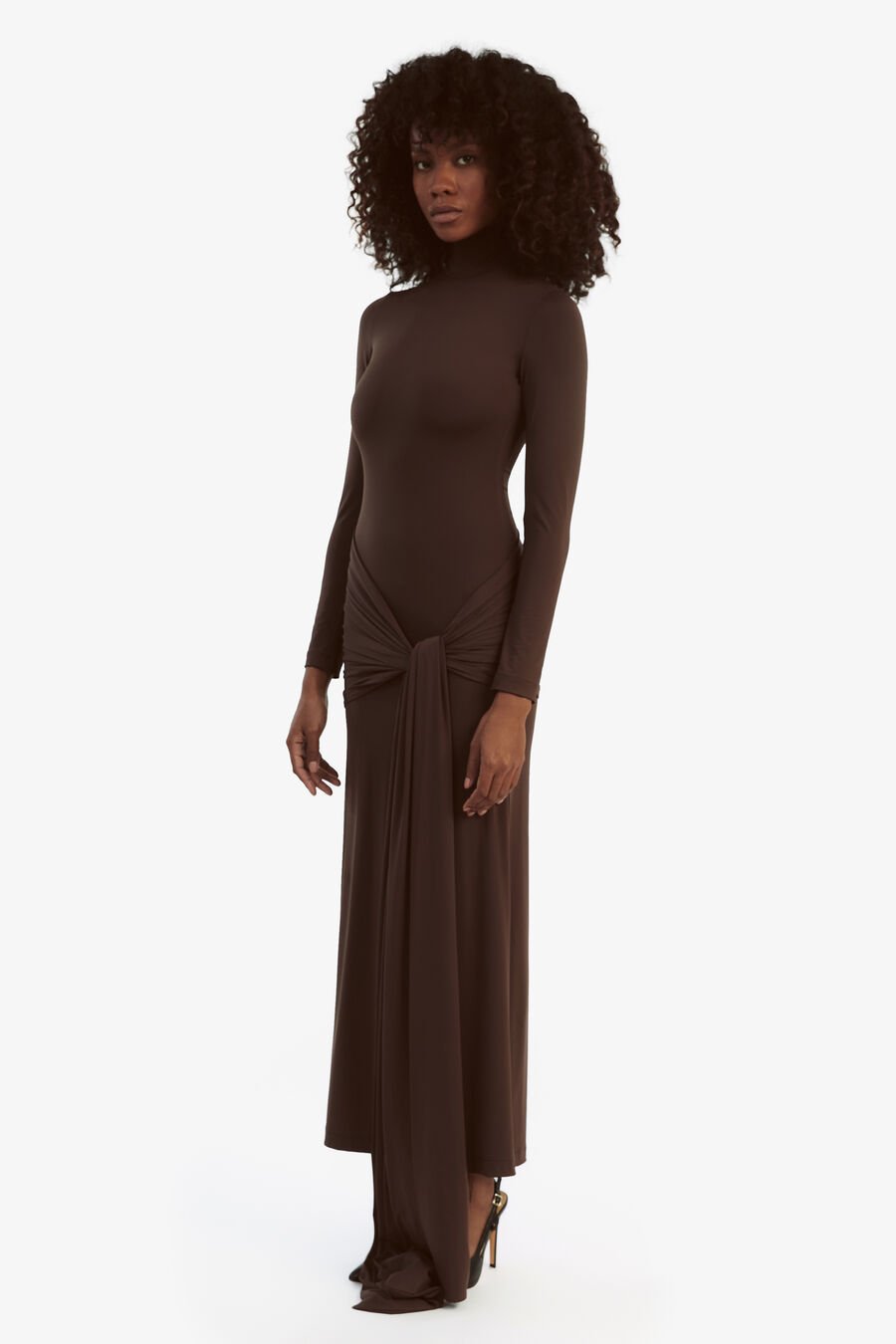 ALIX MAXI TIE FRONT DRESS in colour CHOCOLATE