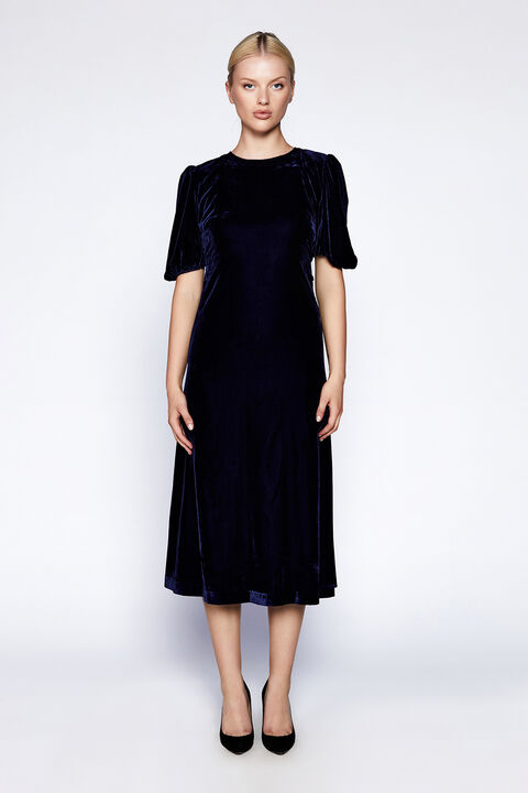 TENACITY VELOUR MIDI DRESS in colour BLACK IRIS