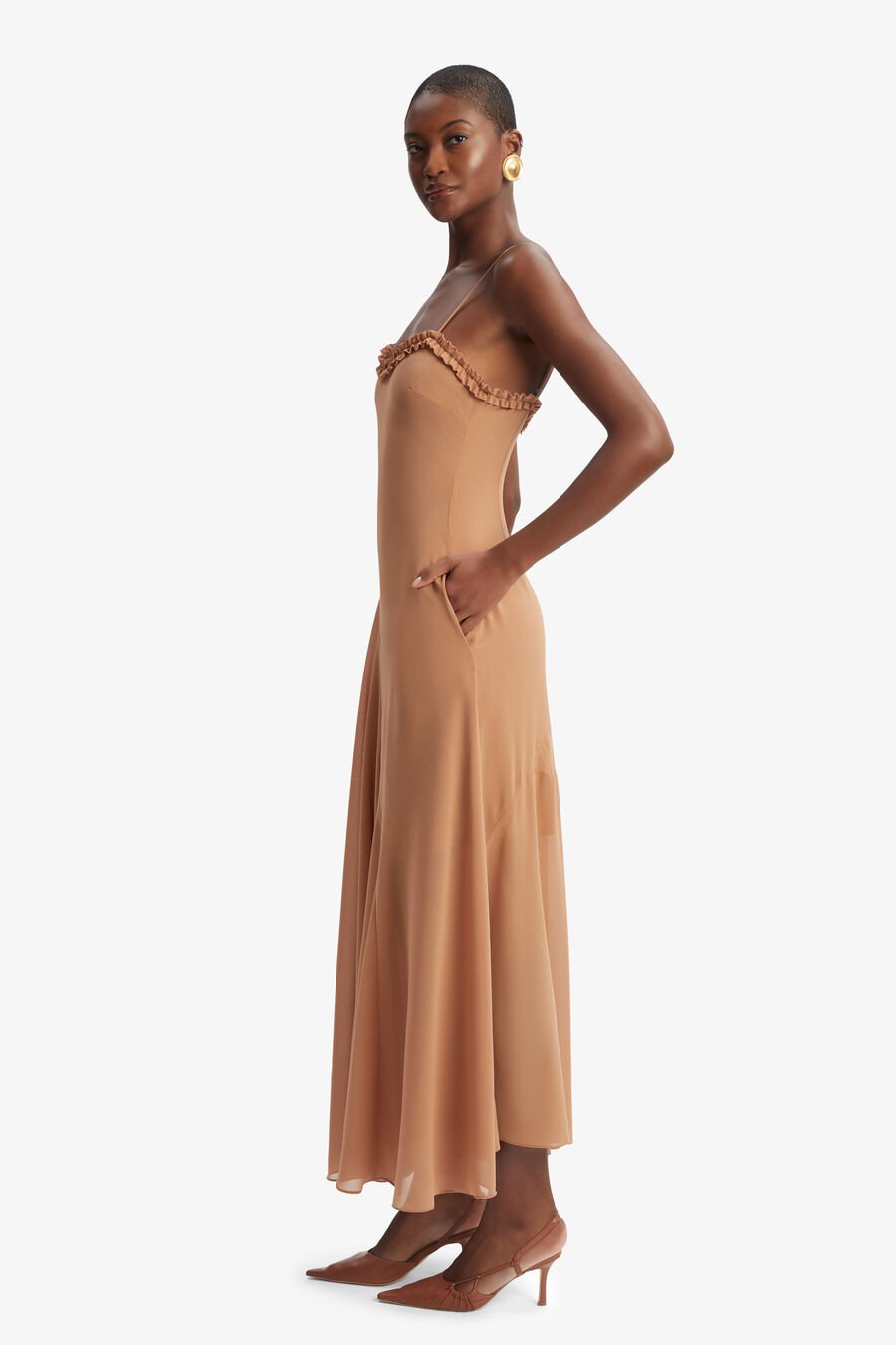TATIAN FRILL TRIM MAXI DRESS in colour TAN