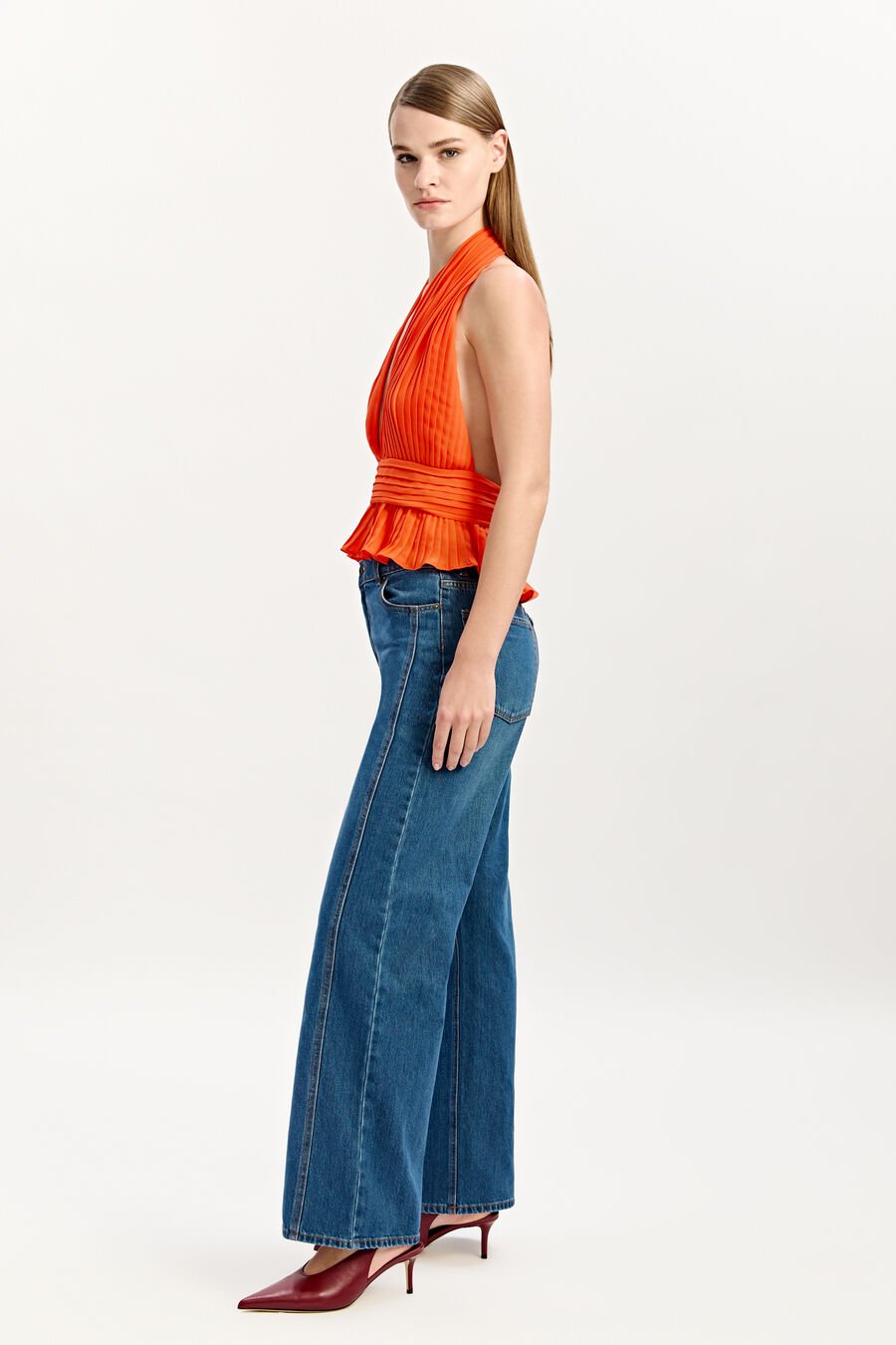 AMALA PLEATED HALTER NECK TOP in colour TANGELO