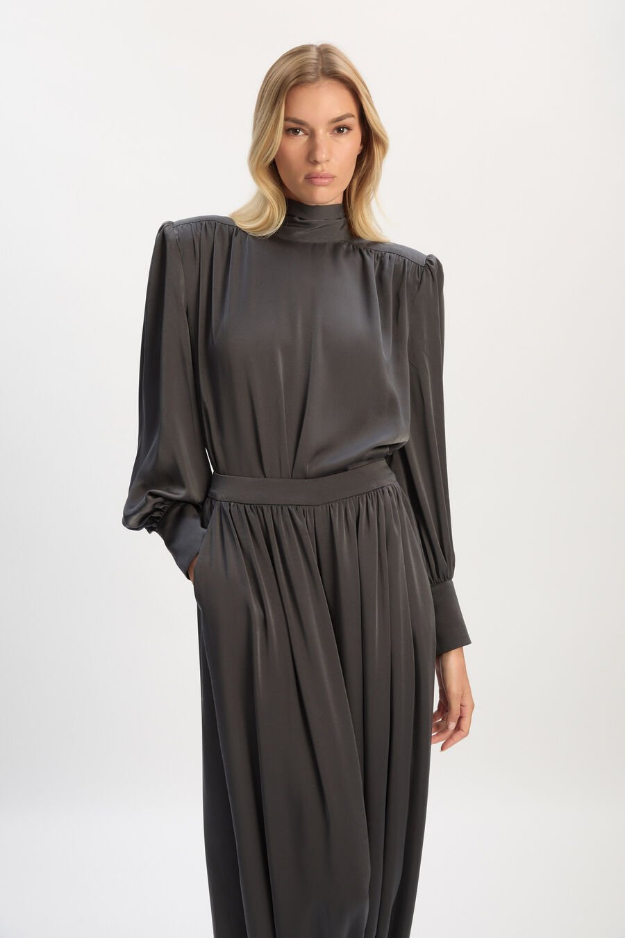 Revana Satin Tie Neck Blouse