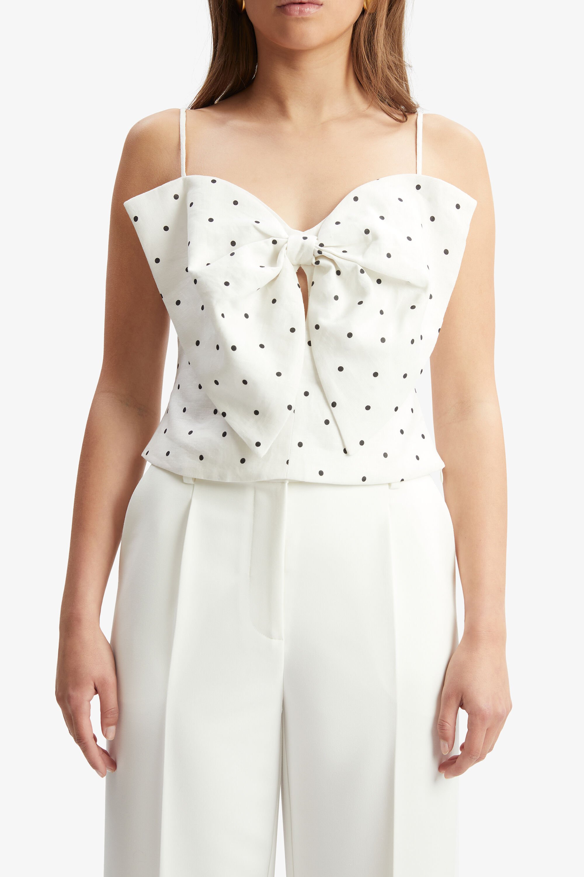 Vieda Linen Bow Front Top In White Spot | Bardot