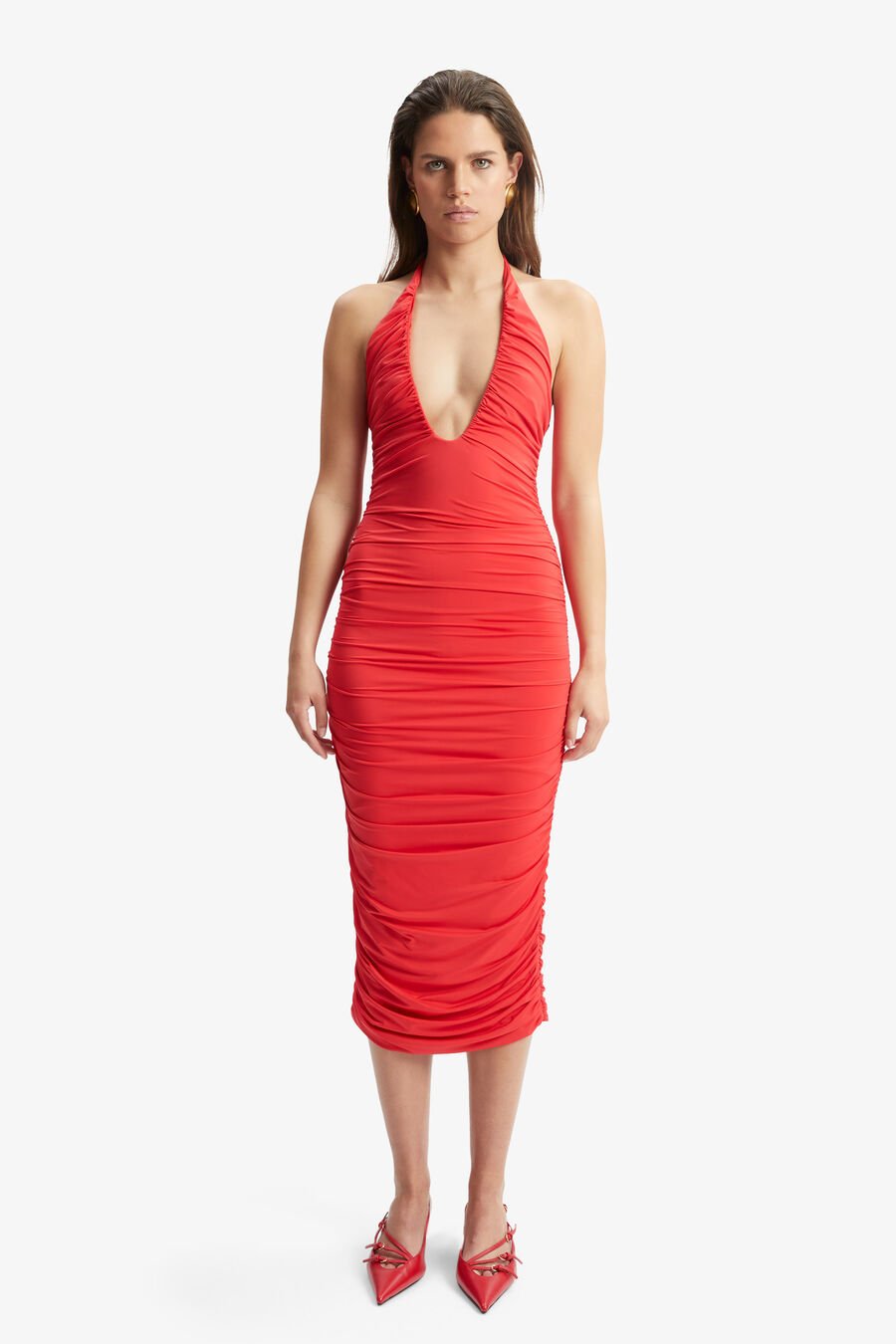 TISHA HALTER MIDI DRESS in colour FIRE RED