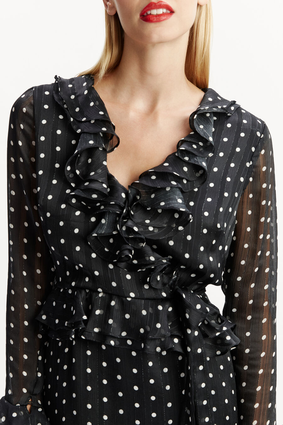 FRILL DETAIL SPOT MINI DRESS in colour BLACK SPOT