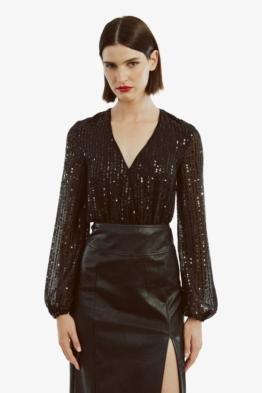 SEQUIN WRAP BODYSUIT in colour BLACK