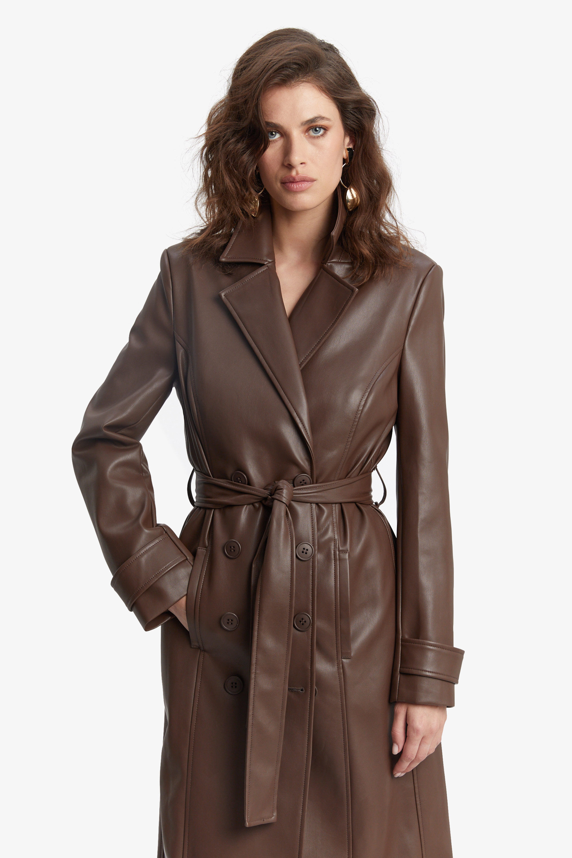 Vegan Leather Trench Coat In Chocolate | Bardot