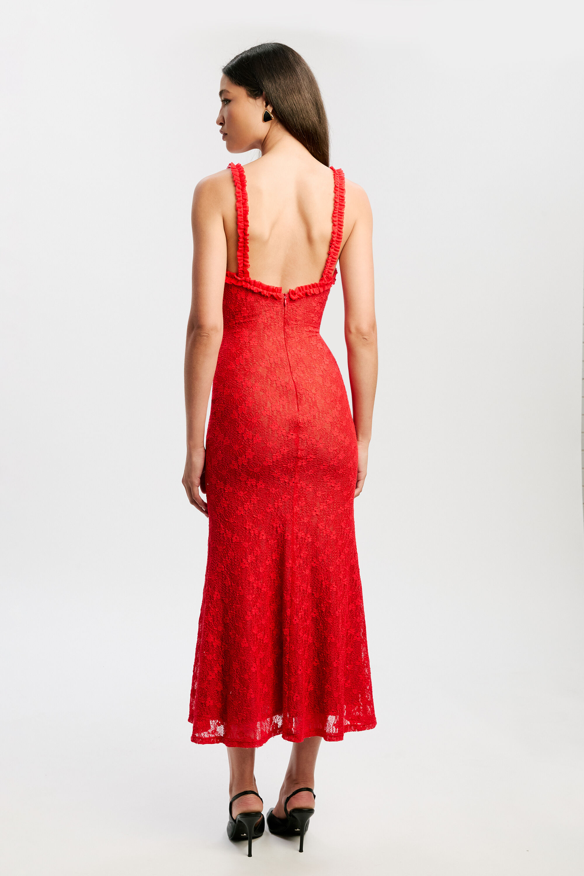 Alegra Stretch Lace Midi Dress In Fire Red | Bardot