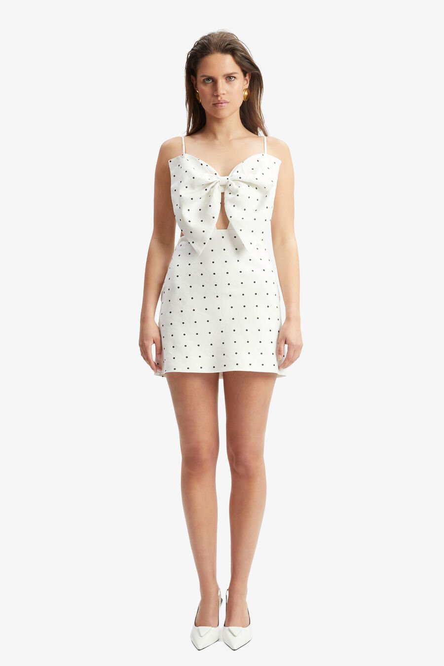 VIEDA LINEN BOW MINI DRESS in colour WHITE SPOT
