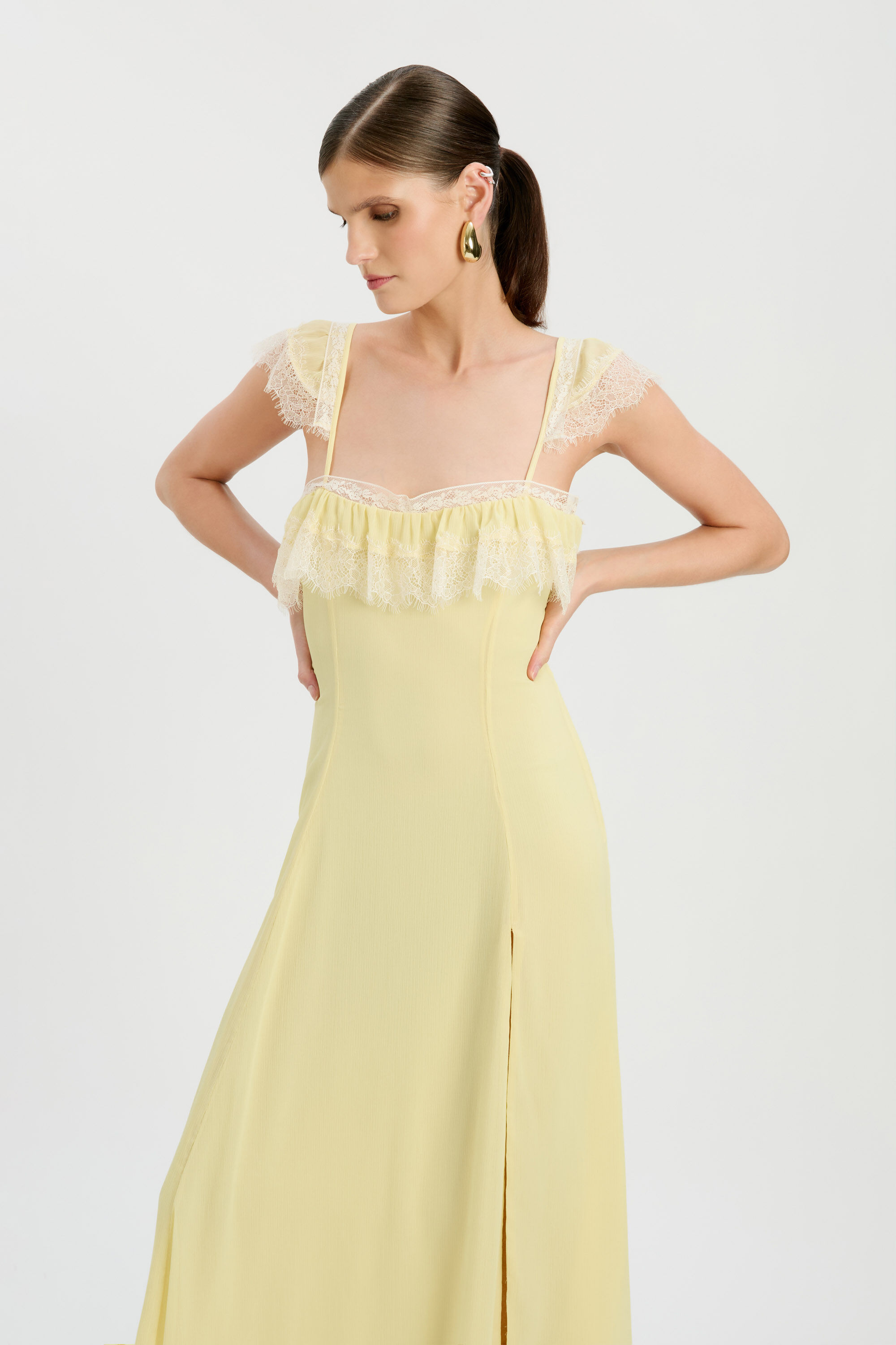 chinese dress ladies Ivonne Lace Trim V-Neck Maxi Dress Yellow Selfie Leslie