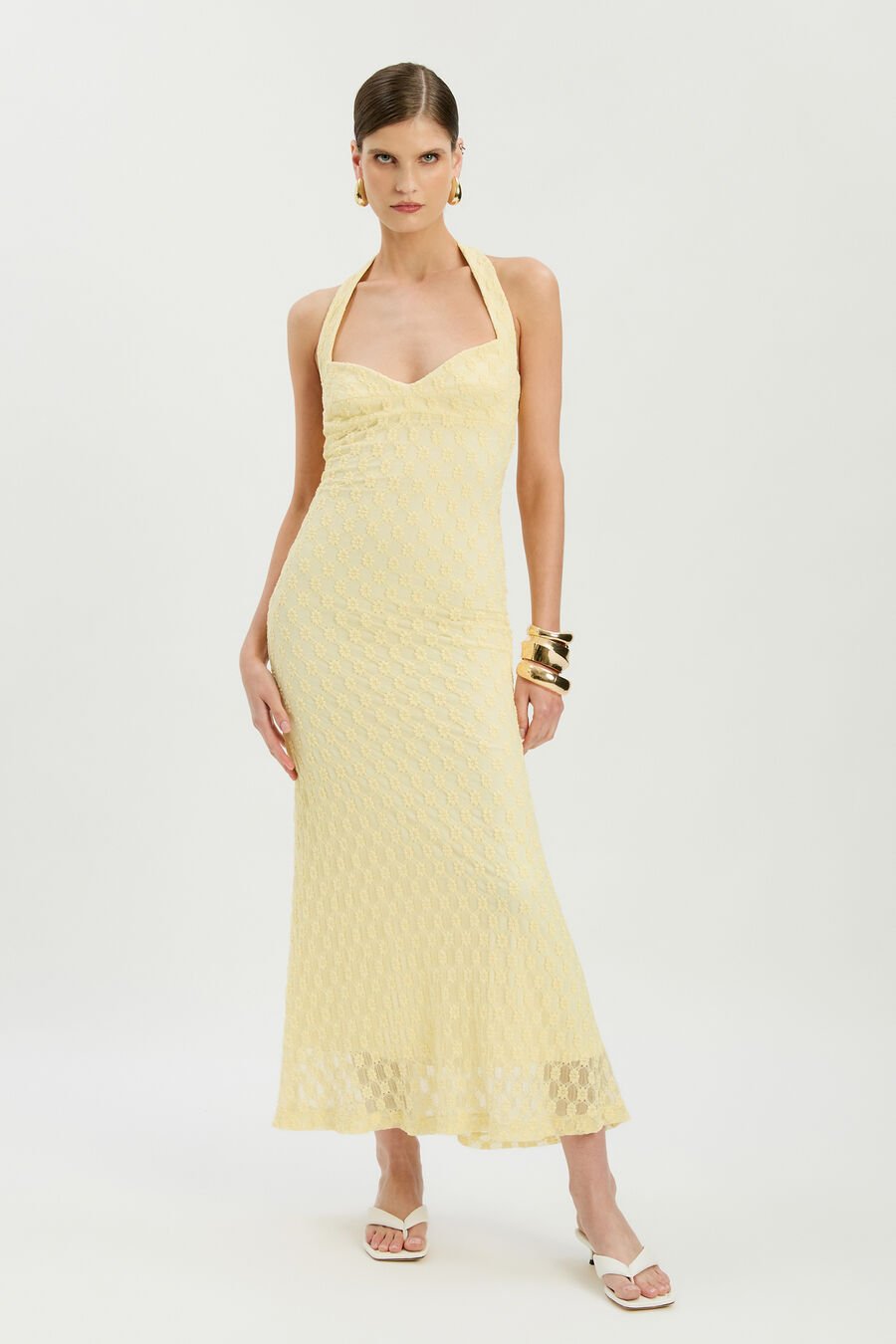MARIKO HALTER NECK MIDI DRESS in colour Canary Yellow