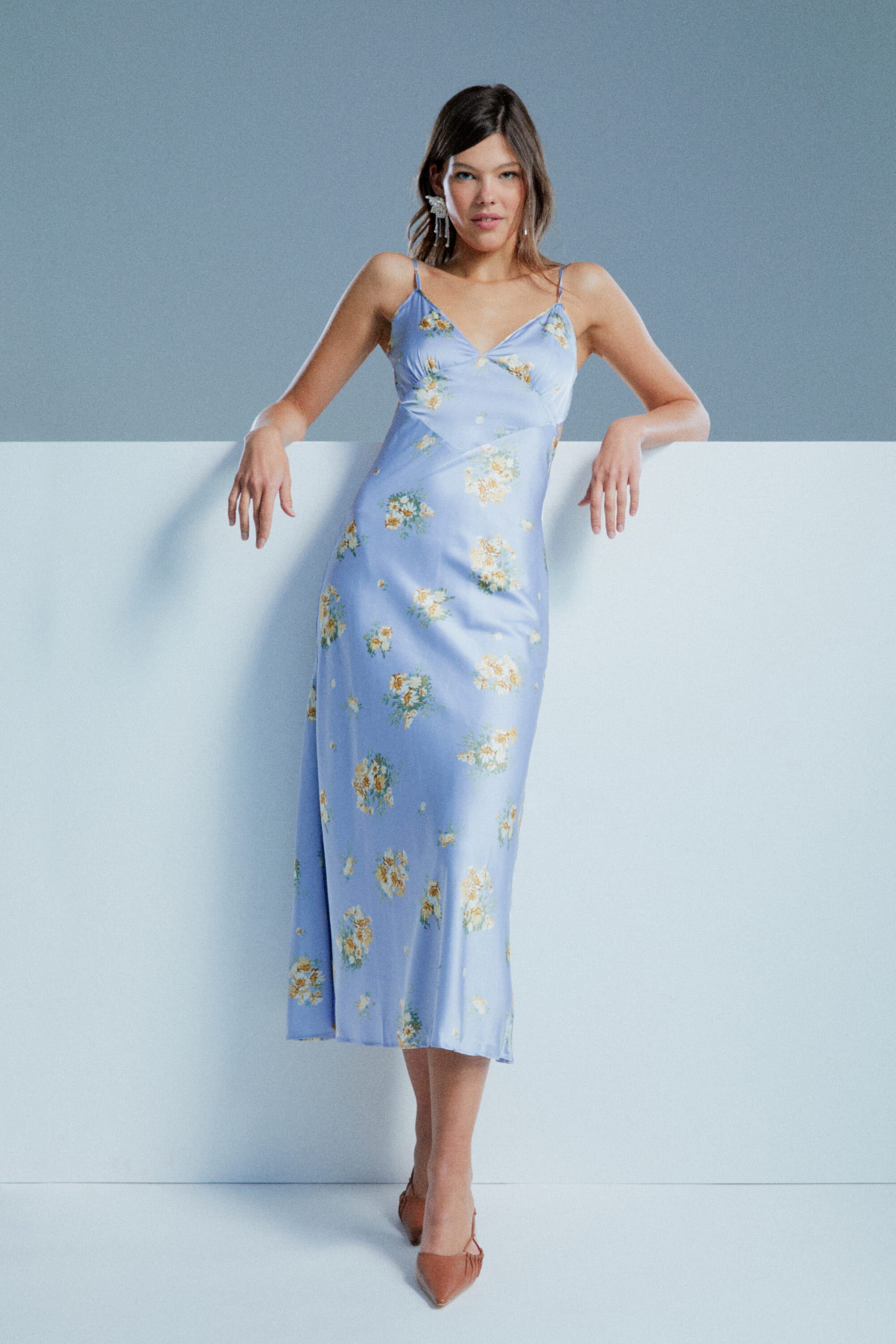 Malinda Slip Dress In Baby Blue Floral Bardot