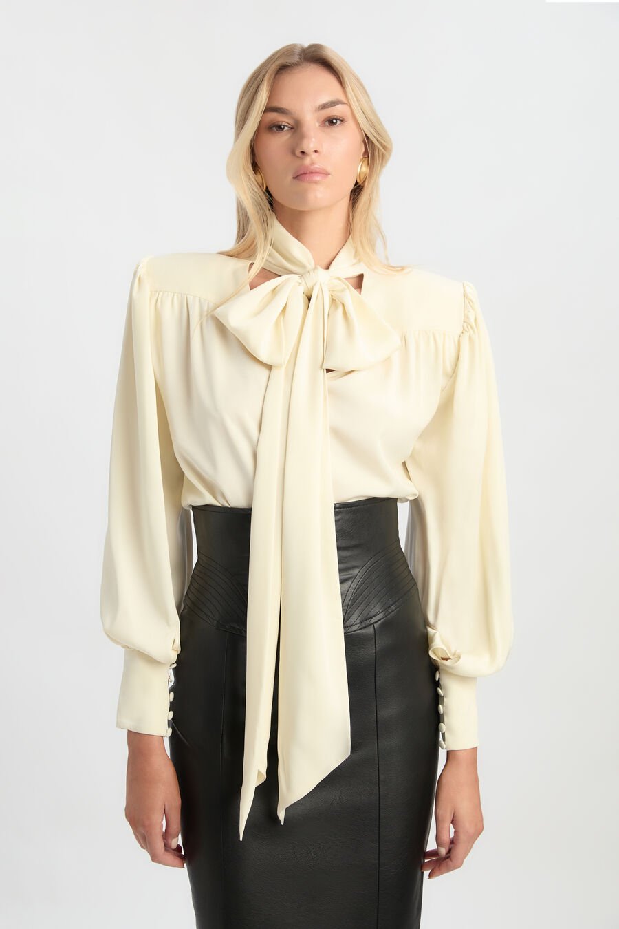 Revana Satin Tie Neck Blouse