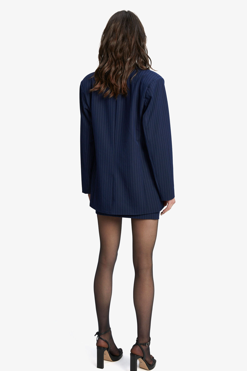PIN STRIPE BLAZER IN NAVY STRIP in colour BLACK IRIS