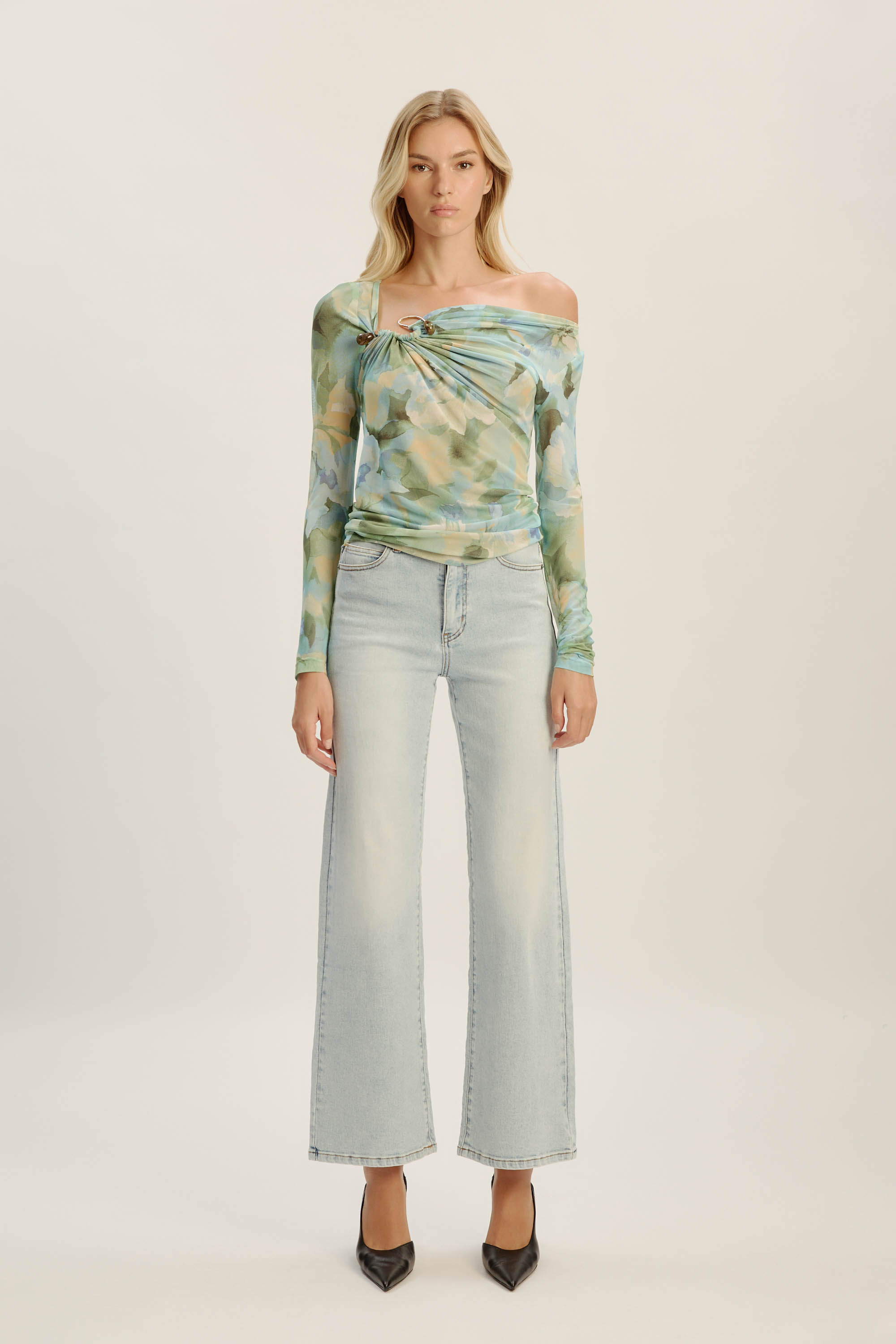 Marisol Asymmetric Mesh Top In Green Floral | Bardot