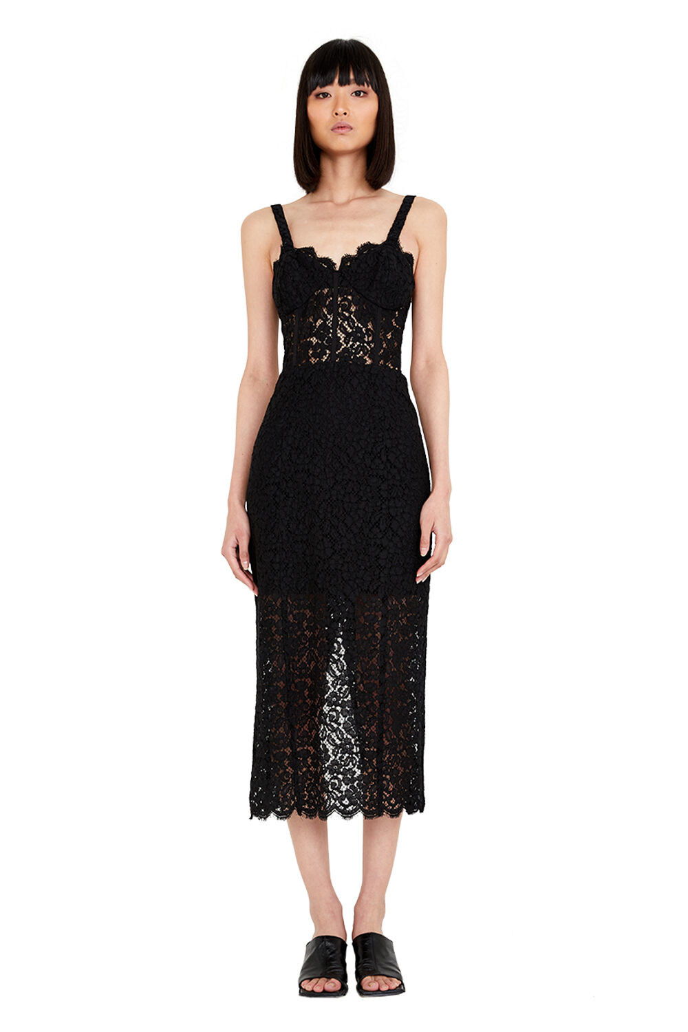 LACE CORSET MIDI DRESS in colour CAVIAR