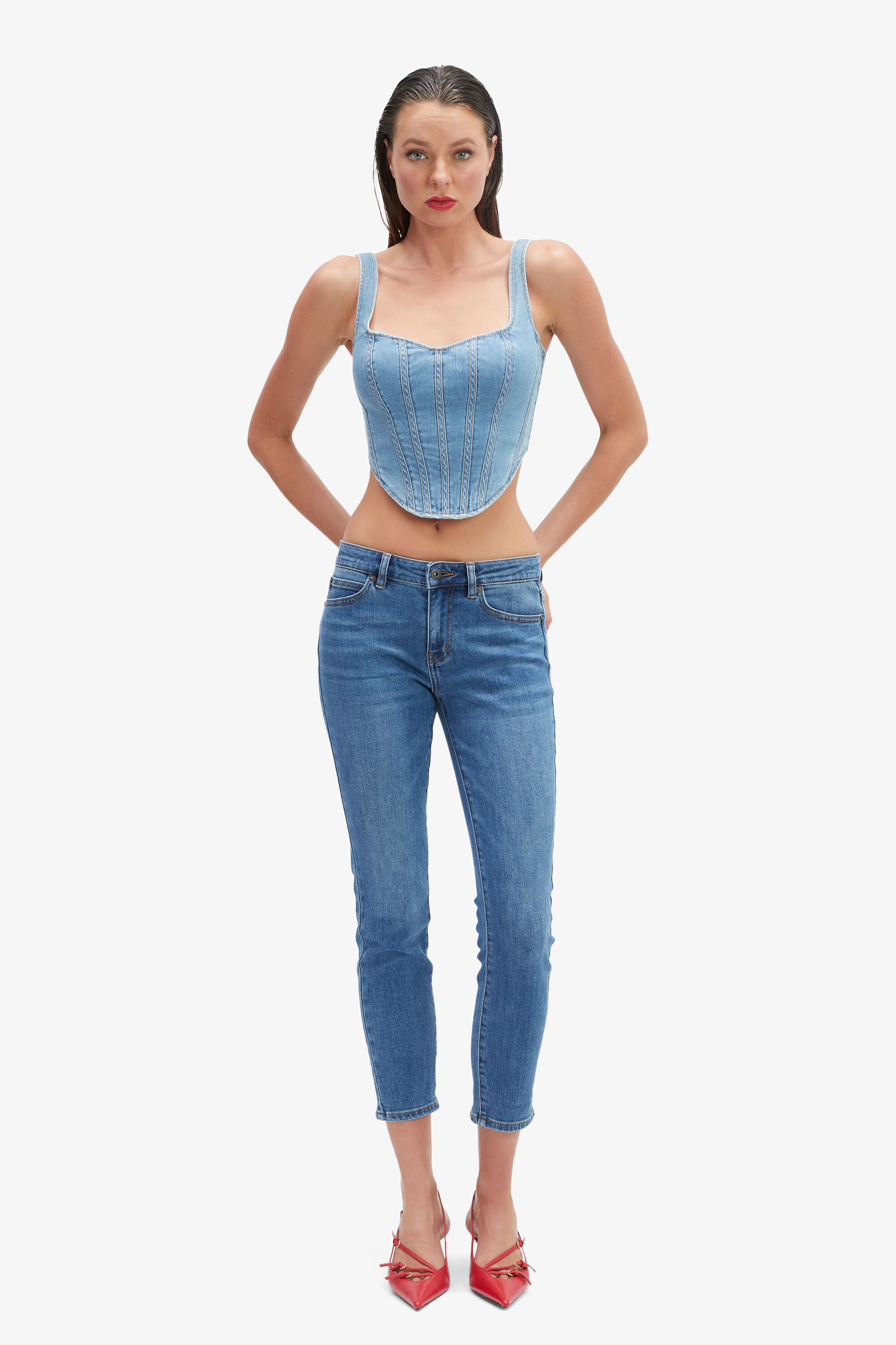 Corset denim skirt bardot top