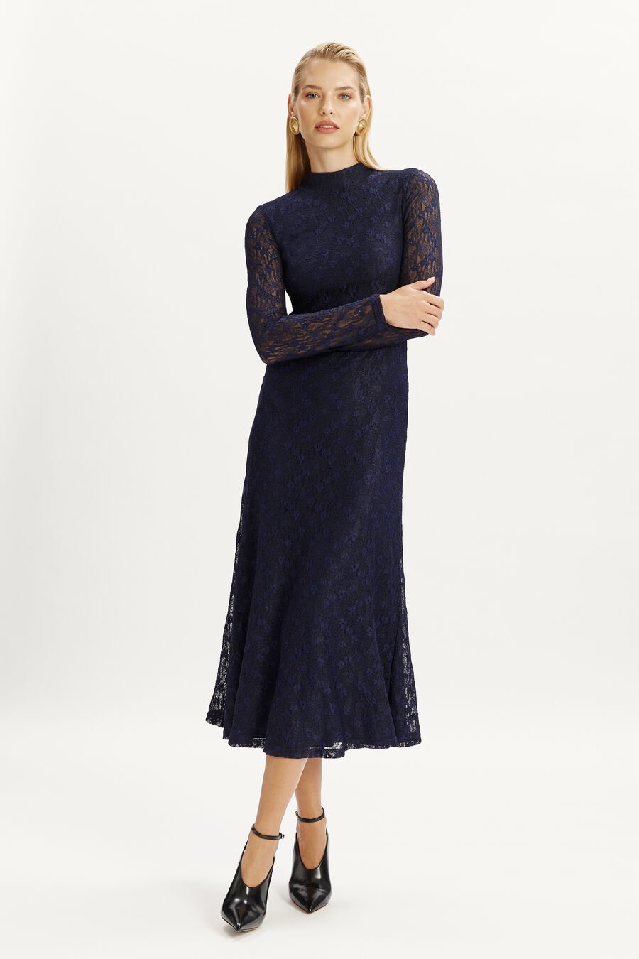 OLA LONG SLEEVE MIDI DRESS in colour NAVY