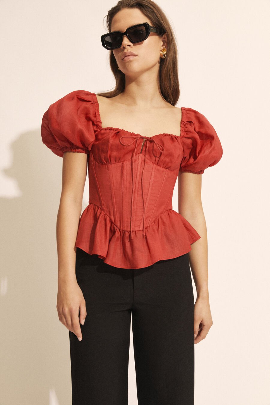 ESRA PUFF SLEEVE CORSET TOP in colour FIRE RED